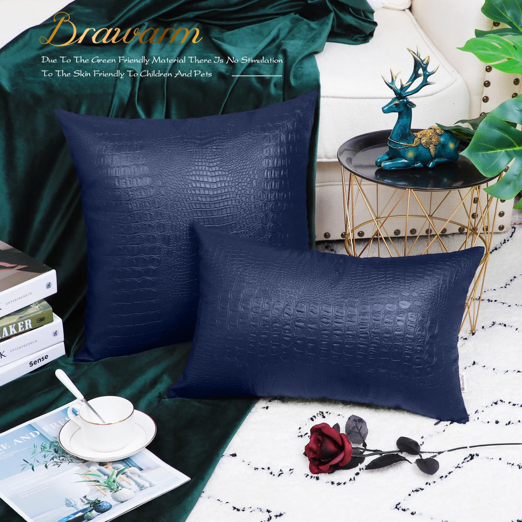 Brawarm Faux Leather Pillow Covers 16 X 16 Inches, Navy Blue Leather Pillow Covers Pack Of 2, Crocodile Leather Decorative Throw