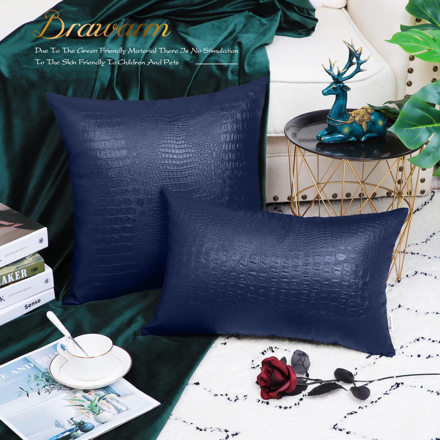 Brawarm Faux Leather Pillow Covers 16 X 16 Inches, Navy Blue Leather Pillow Covers Pack Of 2, Crocodile Leather Decorative Throw
