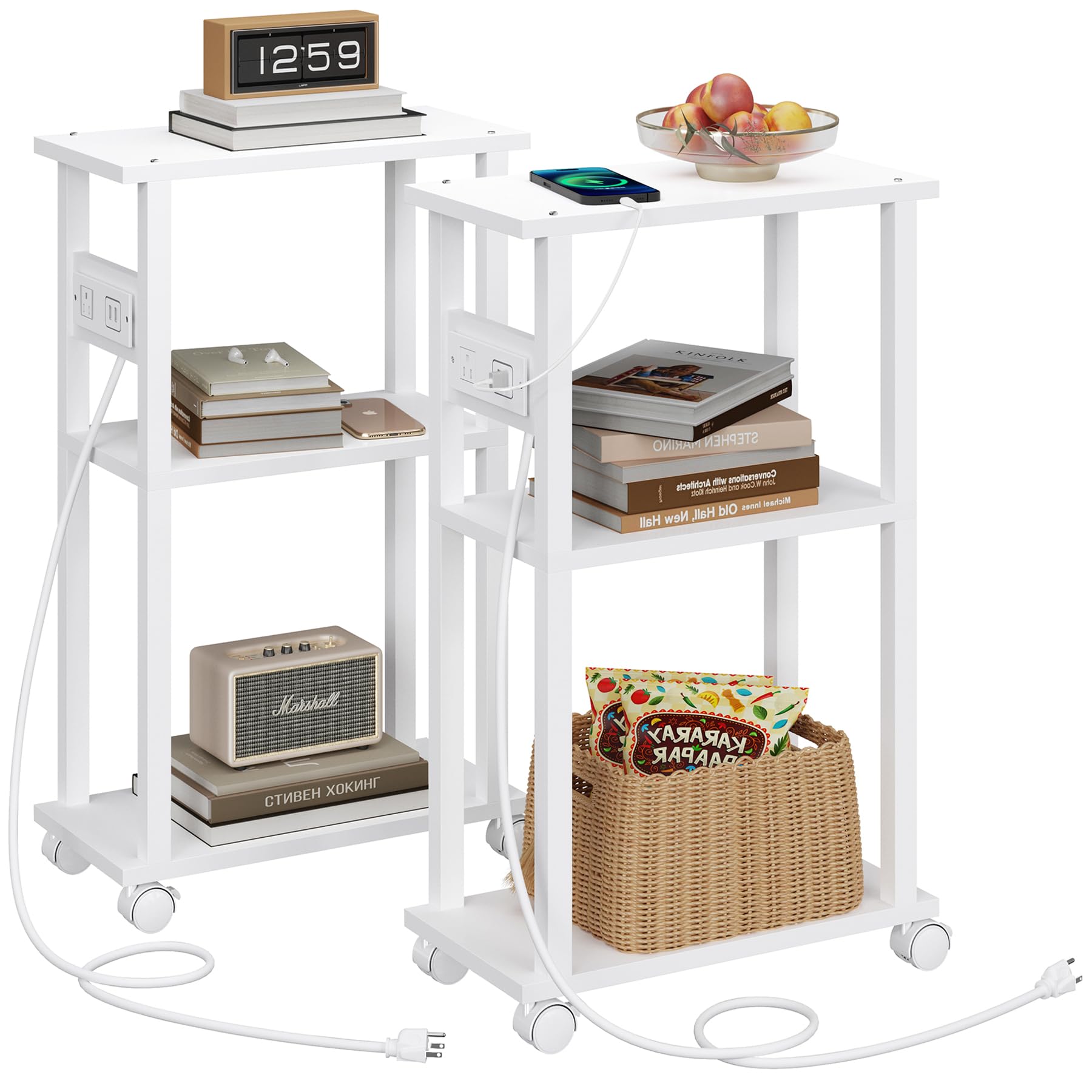 Tutotak Small Narrow Side Table With Charging Station, Set Of 2 Skinny End Table For Small Spaces, Slim Nightstand With Usb Ports And Outlet,Sofa Beside Table With Wheels, White Tb01Bw047