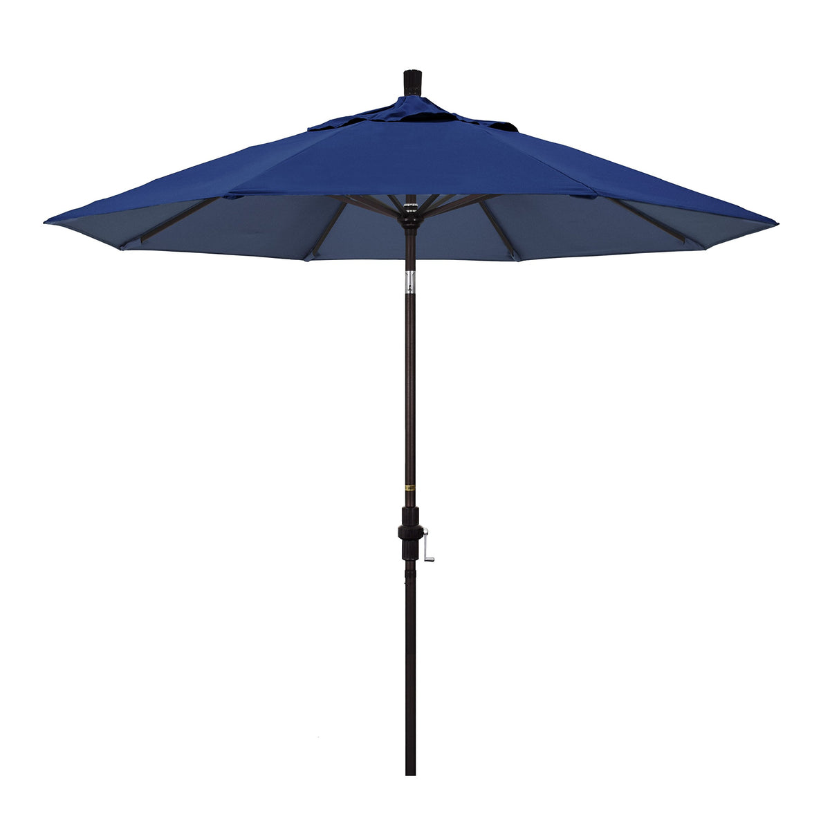 California Umbrella 9' Round Aluminum Market Umbrella, Crank Lift, Collar Tilt, Bronze Pole, Sunbrella Navy