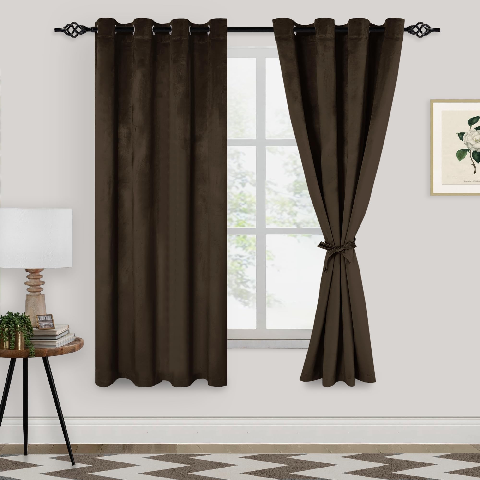 Xwzo Velvet Blackout Curtains For Living Room - Light Blocking Thermal Insulated Thick Window Curtain Panels With Tiebacks For B