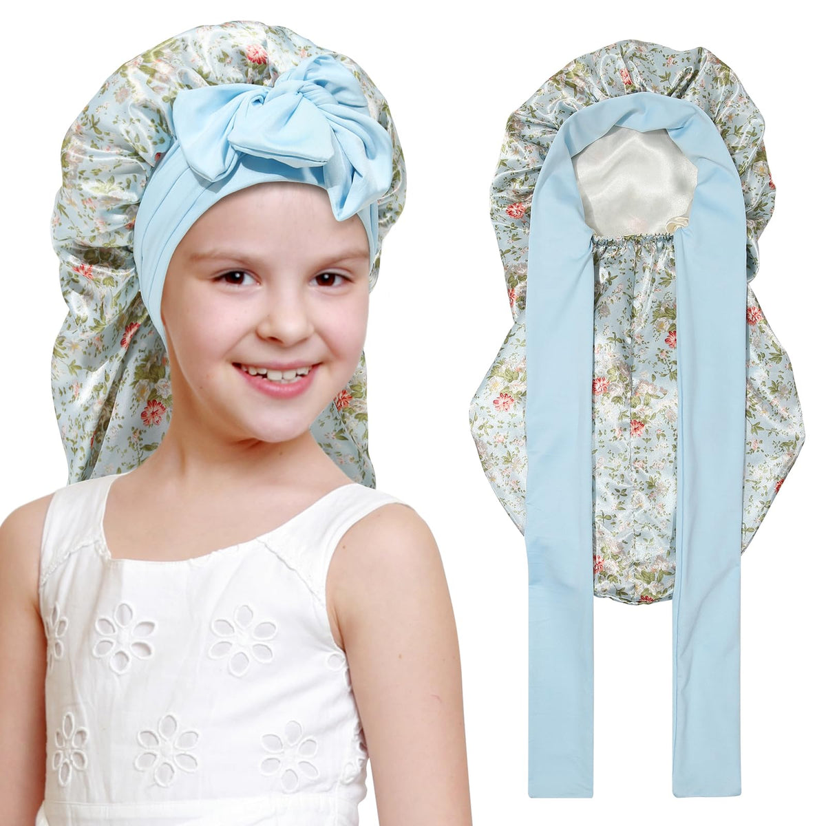 Kids Long Hair Bonnet for Sleeping - Double Layer Girls Elastic Satin Bonnet with Tie Band for Braid Curly Hair (Blue flower+Bei