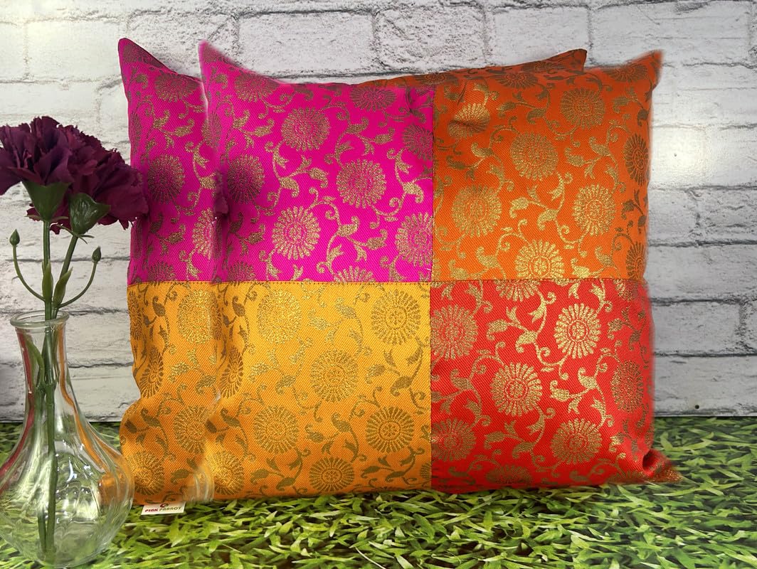 Pink Parrot Artsilk Multicolour 16X16 Inch Cushion Cover Set Of 2 PcsCode034