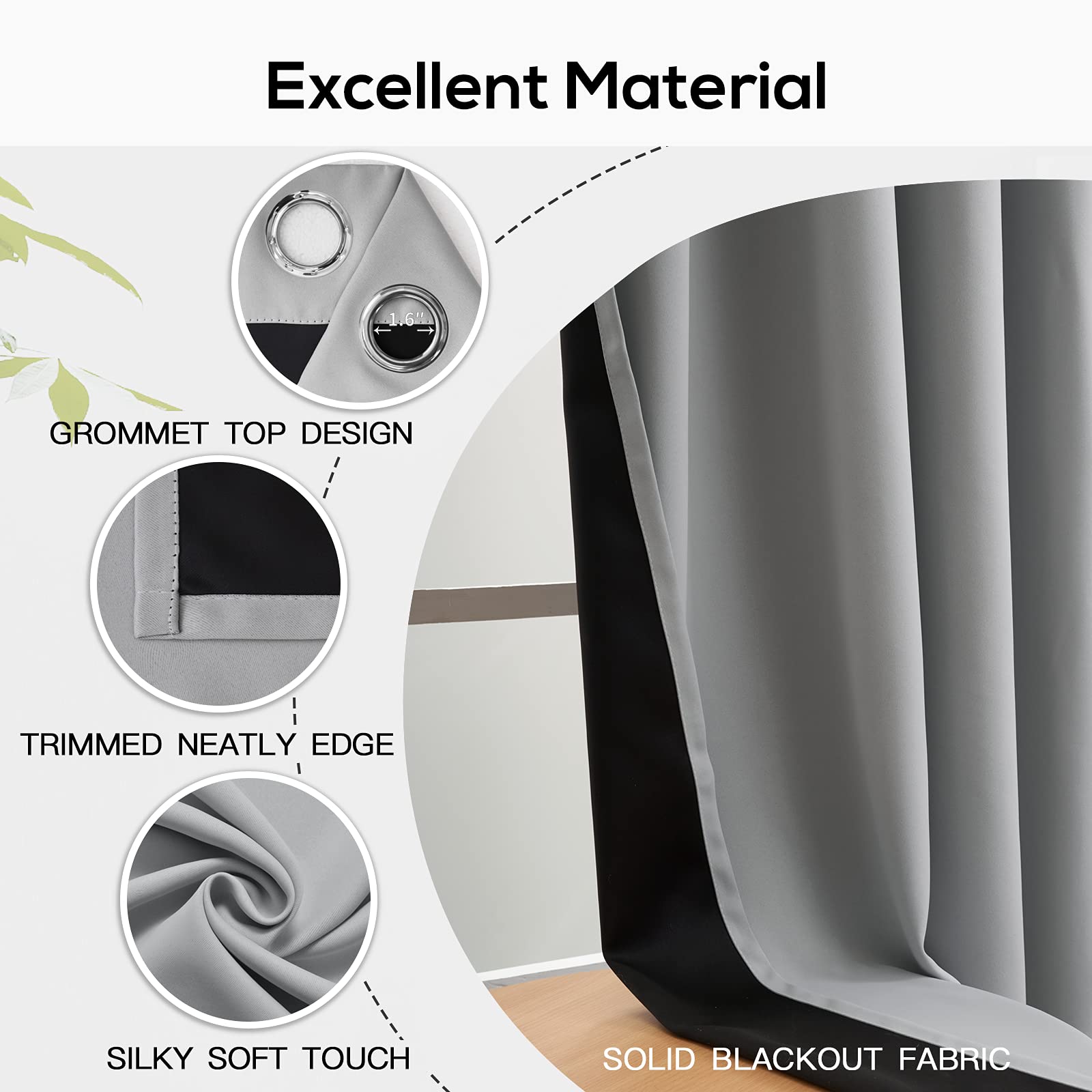 Grey Full Shade Curtain Panels, Thermal Insulated & Energy Efficiency Window Draperies For Guest Room, Full Blackout Curtains &