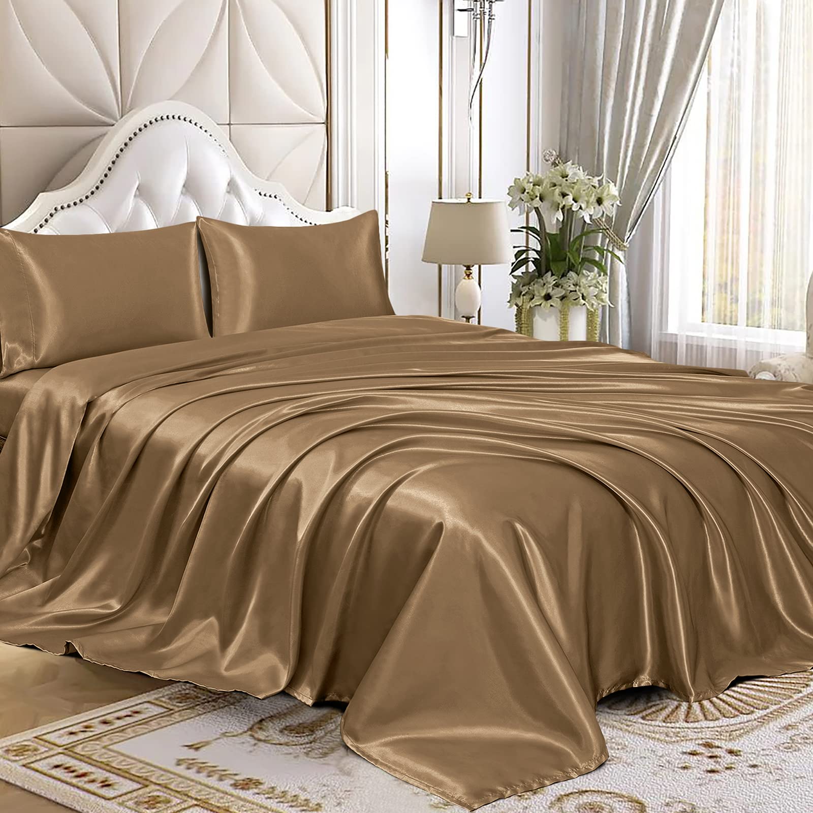 Homiest 4Pcs Satin Sheets Set Luxury Silky Satin Bedding Set With Deep Pocket, 1 Fitted Sheet + 1 Flat Sheet + 2 Pillowcases (King Size, Camel Brown)