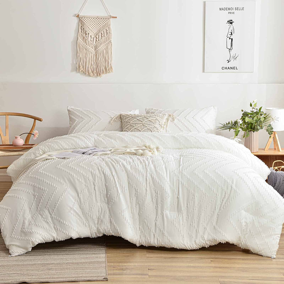 Nanko White Full Comforter Set, Tufted Jacquard Boho Soft Shabby Chic Reversible Down Alternative Microfiber Bedding - All Seaso