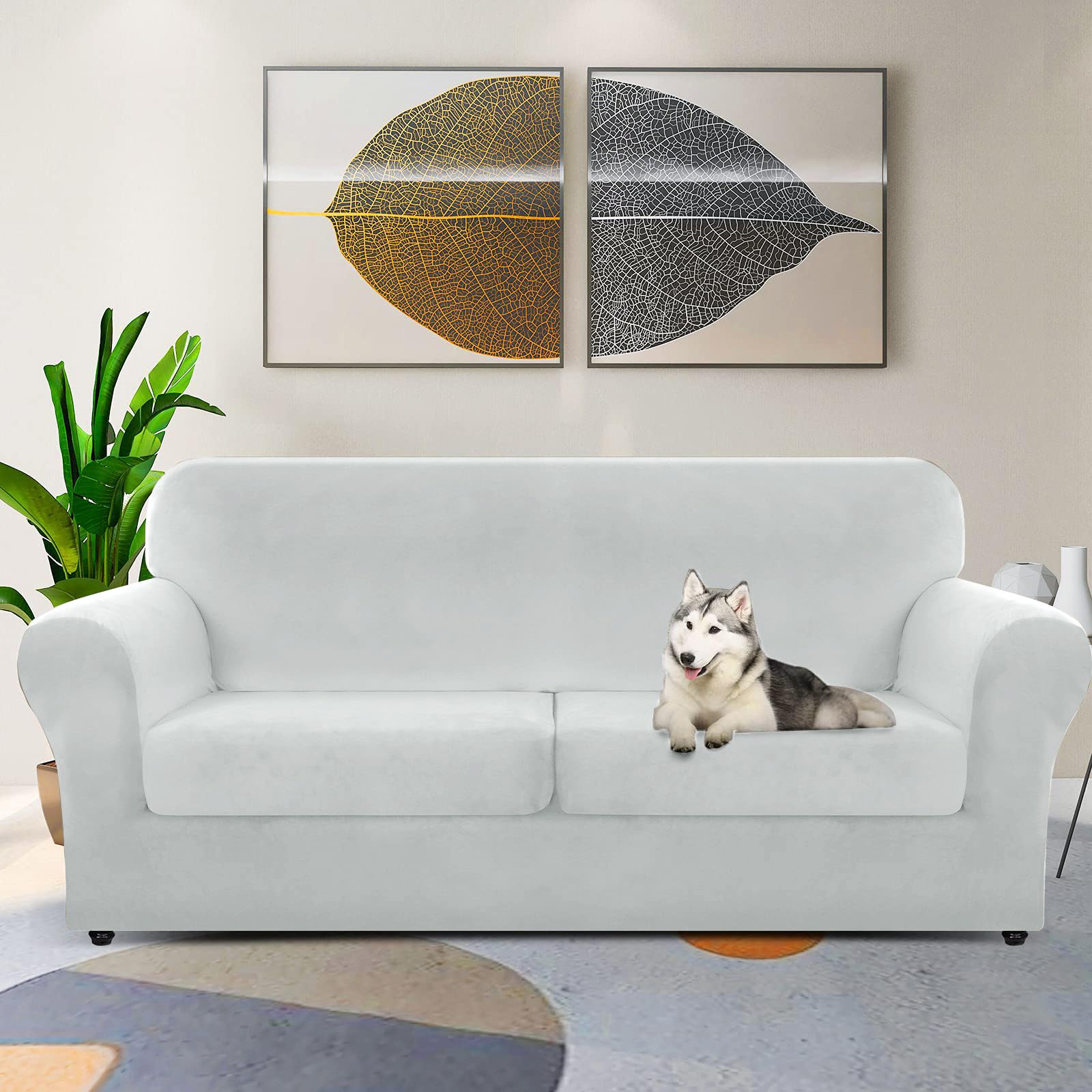 Znsayotx Oversized Velvet 3 Piece Couch Cover With 2 Extra Large Seat Cushion Covers Stretch Sofa Cover For 2 Cushion Couch Thick Soft Loveseat Sofa Slipcover (Silver Grey),71'-91'(2 Cushions)