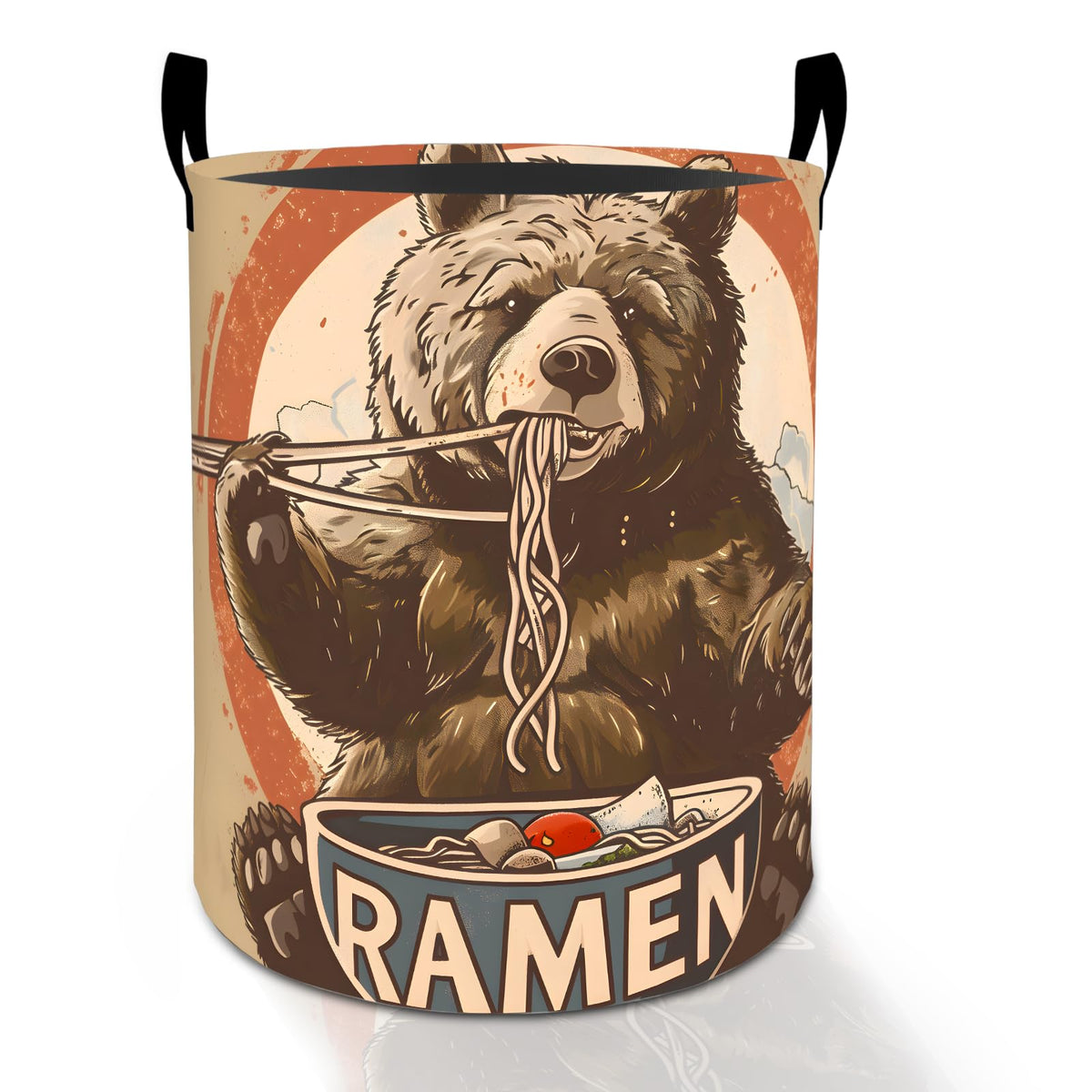Funny Ramen Bear Laundry Basket Hamper for Boys Girls Kids Adults, Foldable Waterproof Oxford Clothes Storage Bin, Cute Retro No