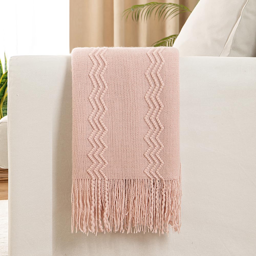 Miulee Light Pink Knitted Throw Blanket For Couch Boho Textured Cozy Woven Blanket With Tassels For Sofa Chair Bed Living Room Acrylic Wave Pattern 50'X60' Valentines Day Decor