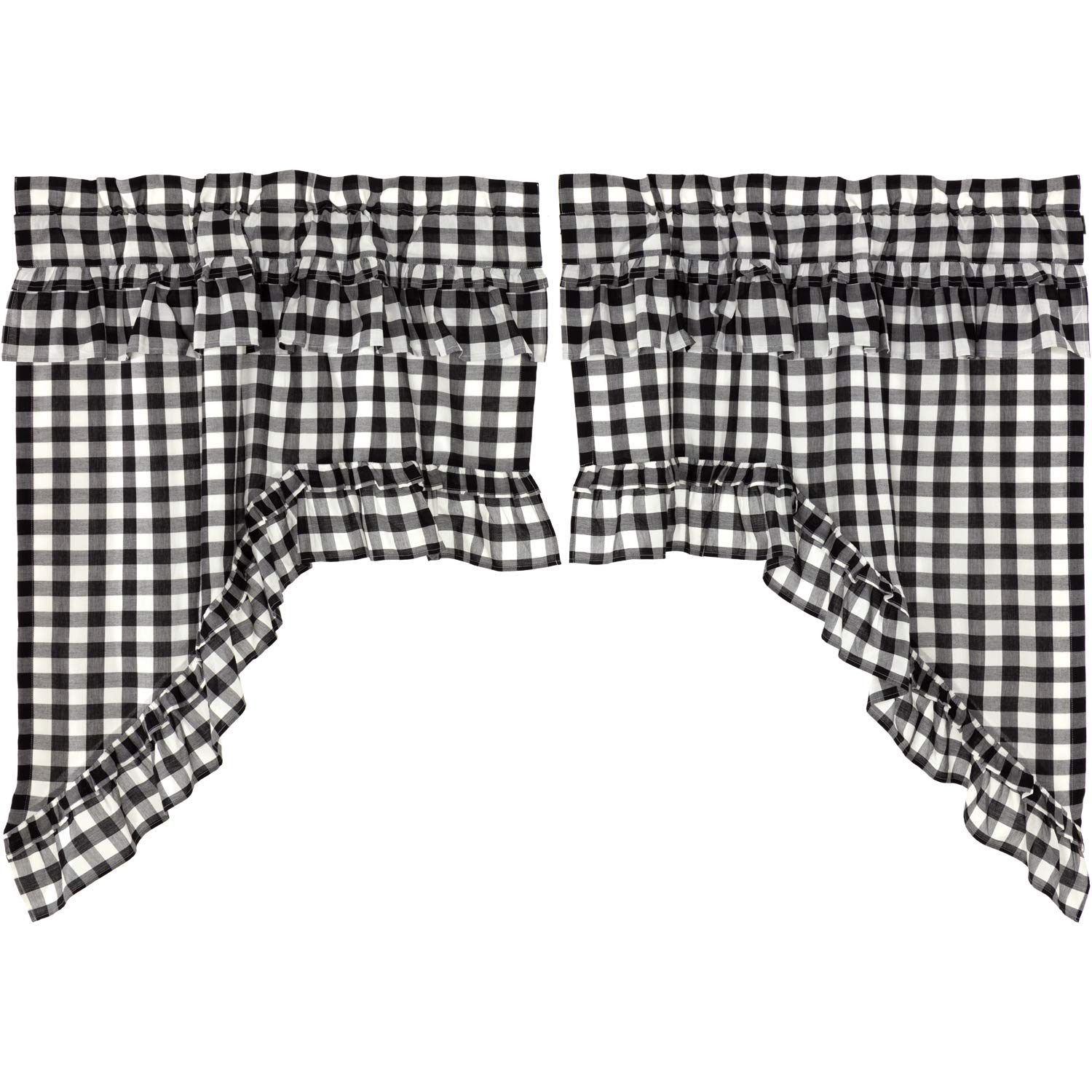VHC Brands Annie Buffalo Check Cotton Farmhouse Kitchen Curtains Rod Pocket Hanging Loops Ruffling Swag Pair, Black Country