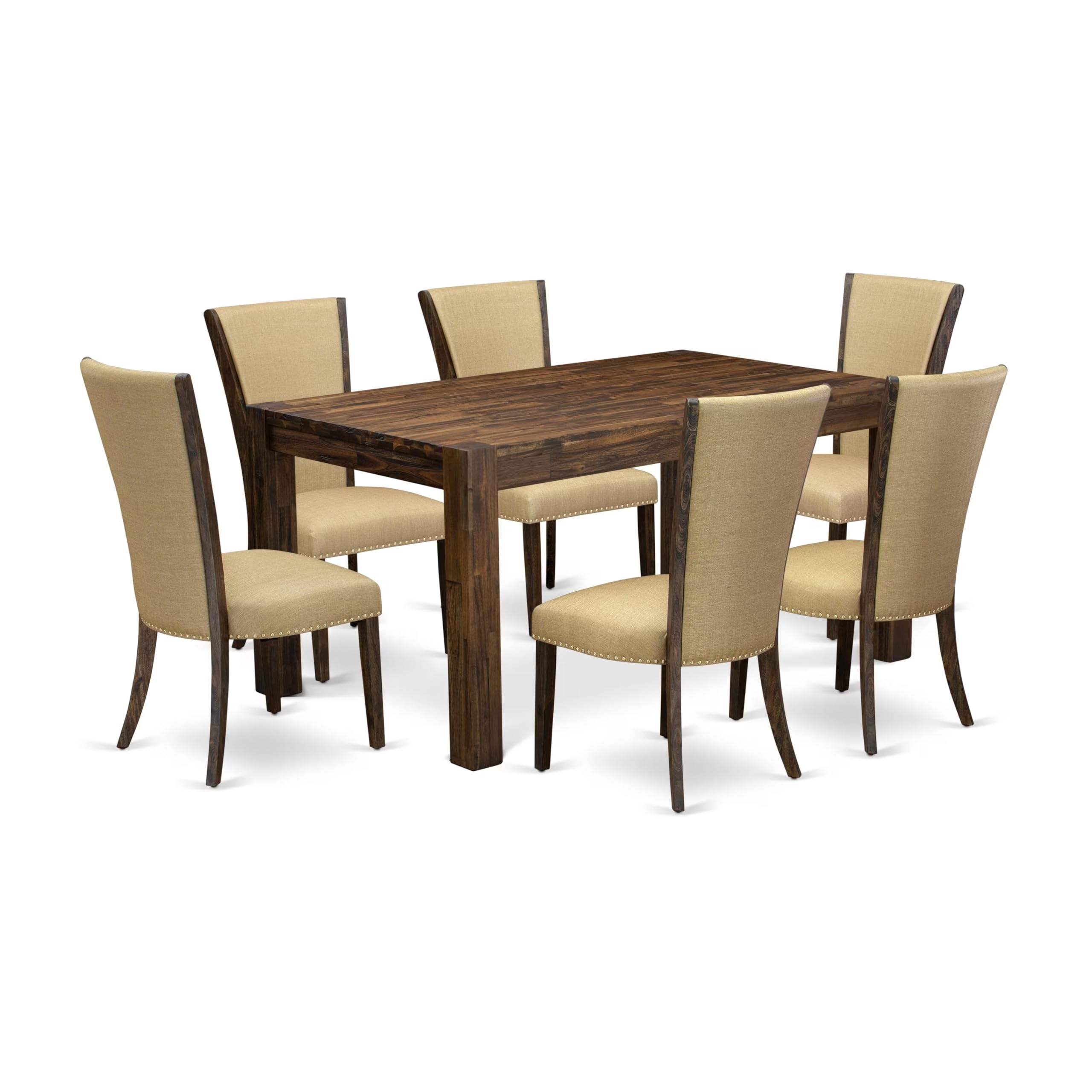 East West Furniture Cnve7-77-03 7 Piece Dining Set Consists Of A Rectangle Rustic Wood Dining Room Table And 6 Brown Linen Fabric Upholstered Chairs, 36X60 Inch, Jacobean