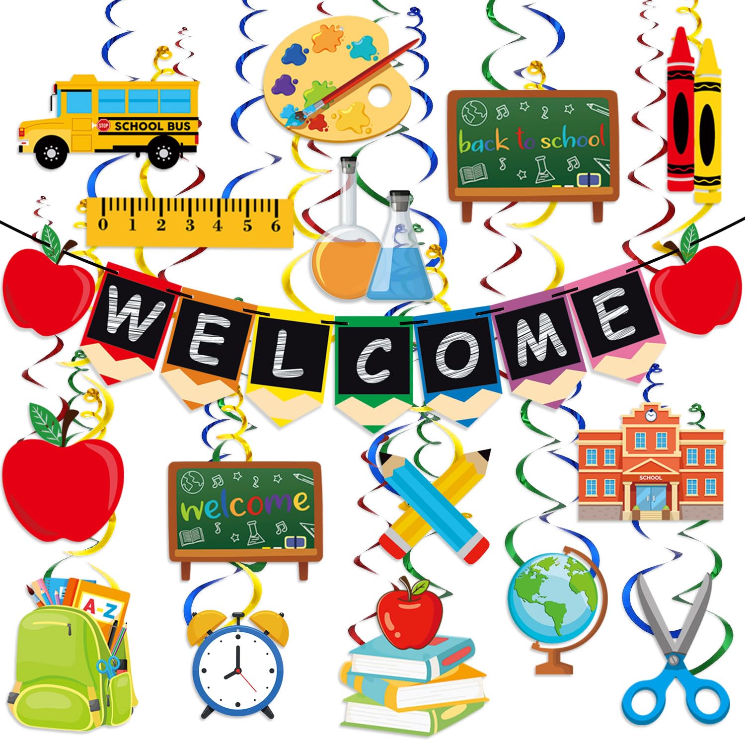 Back to School Decorations, Welcome Banner, Pack of 24 Back to School Hanging Swirls, Welcome to Kindergarten Classroom Teacher 