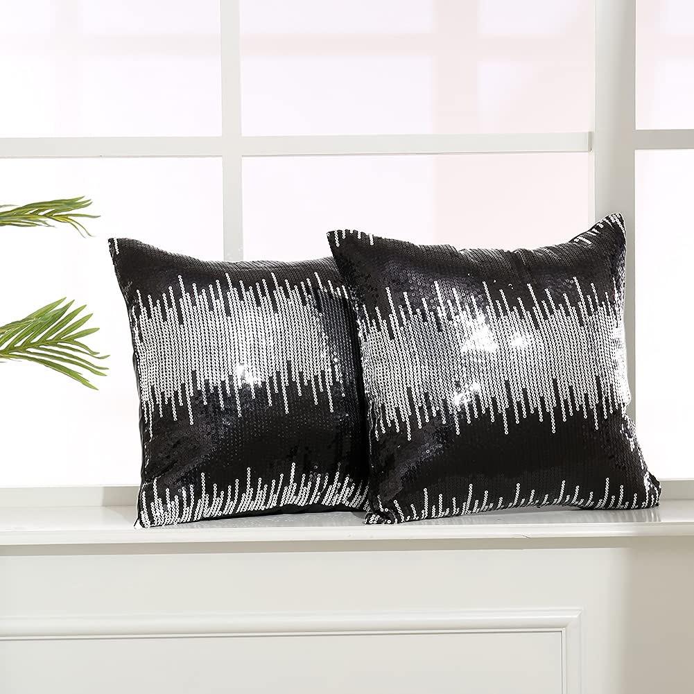 Eternal Beauty Sequin Pillow Case, Decorative Glitter Pillow Cover For Home Decor Throw Cushion Cover, 18X18 Inches, Black+Silve