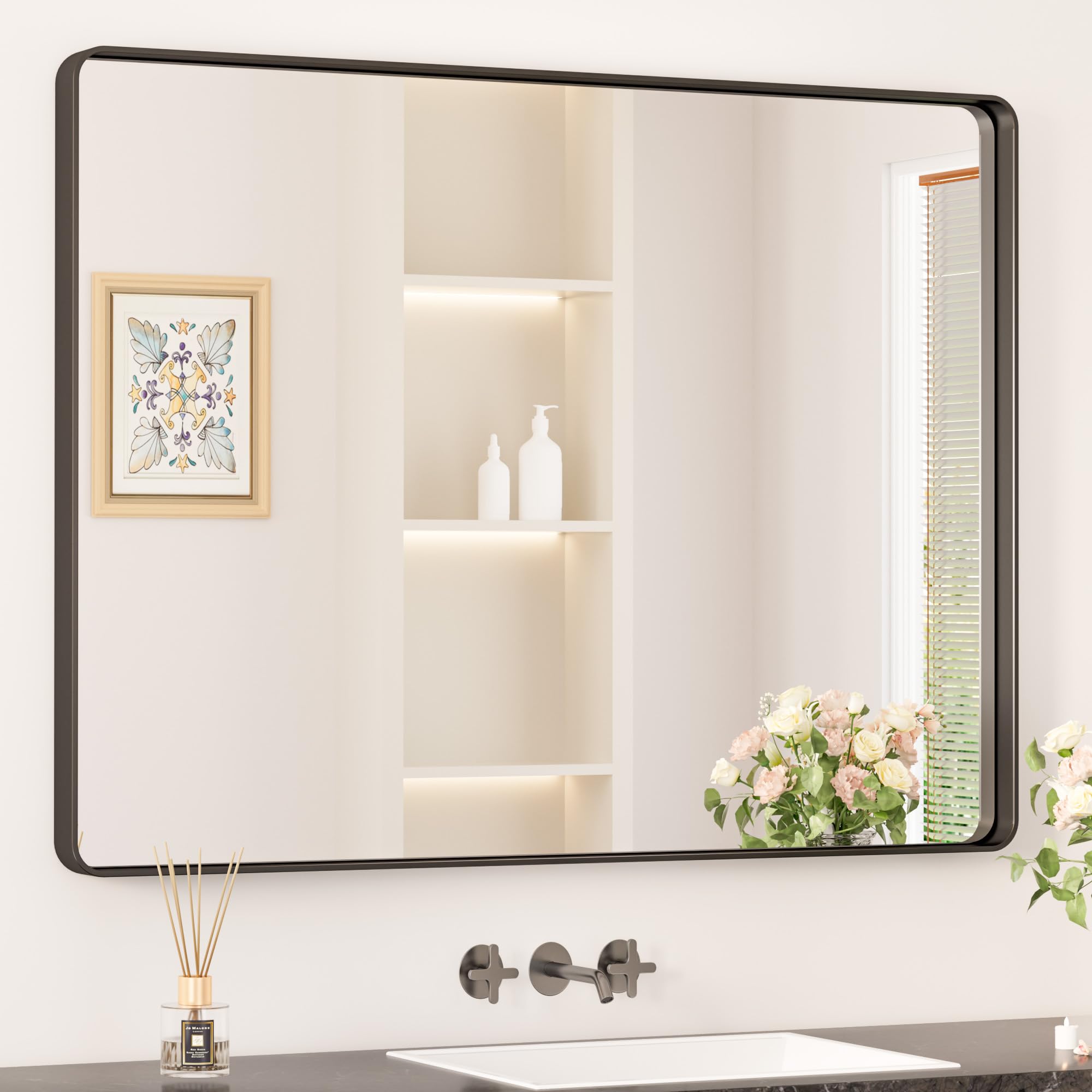 Keonjinn Black Framed Mirror for Bathroom 40 x 30 Inch Rounded Rectangle Wall Mirror, Matte Black Vanity Mirror for over Sink, T