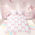 Manfei Pink Bowknot Bed Set In A Bag 7 Pcs,Princess Style Bow-Tie Pink White Bedding Set,Dreamy Fairy Tale Bow Crossed Patchwork
