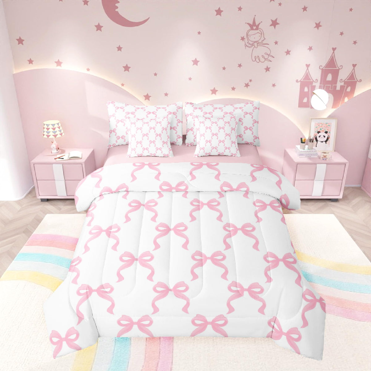 Manfei Pink Bowknot Bed Set In A Bag 7 Pcs,Princess Style Bow-Tie Pink White Bedding Set,Dreamy Fairy Tale Bow Crossed Patchwork