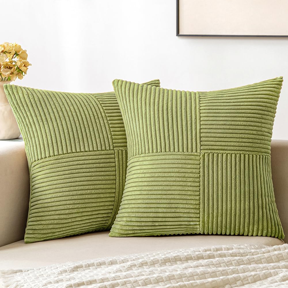 Miulee Green Corduroy Pillow Covers Pack Of 2 Boho Decorative Spliced Throw Pillow Covers Soft Solid Couch Pillowcases Cross Pat