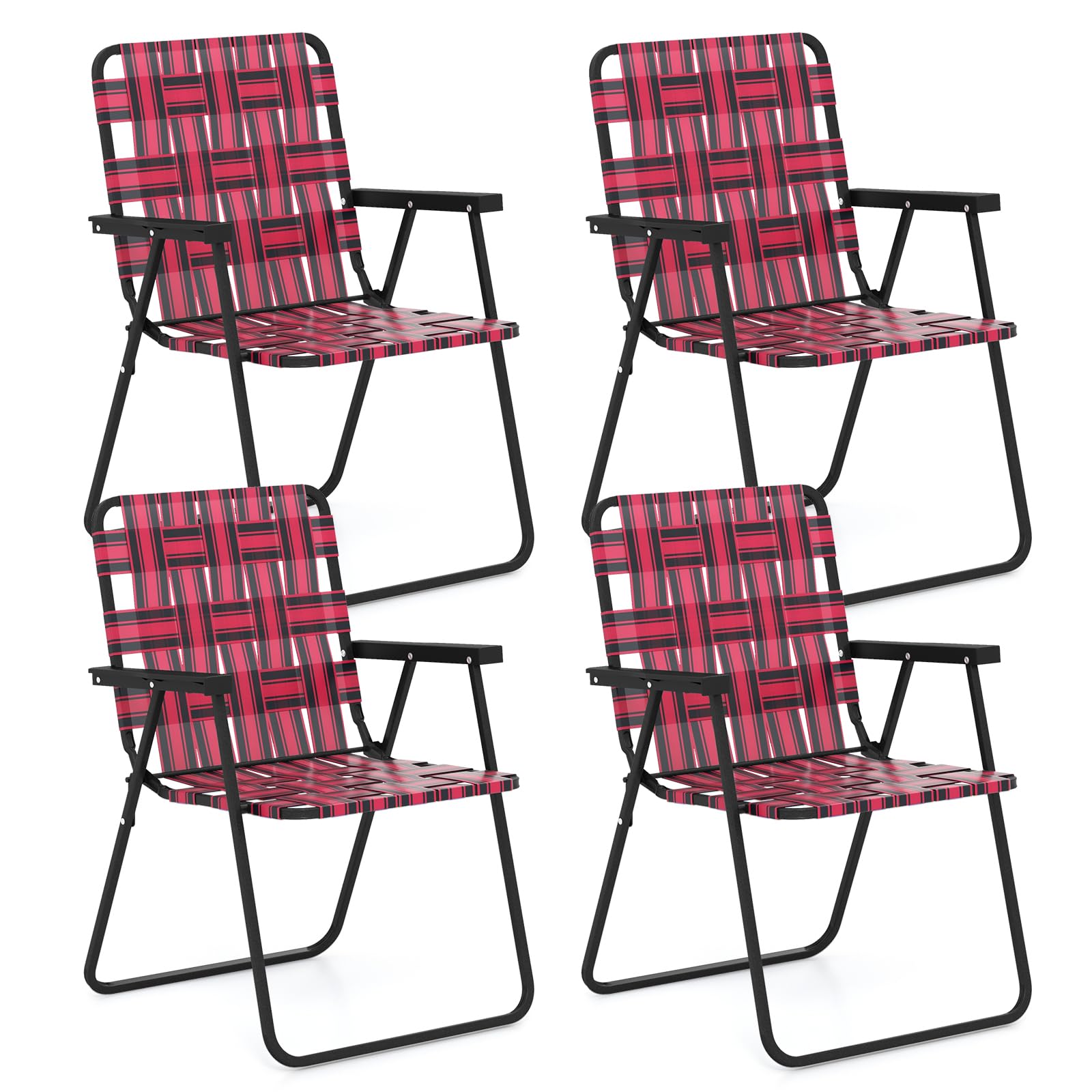 Gymax Folding Chair, Patio Lawn Chair Set With Armrest, Indoor/Outdoor 4 Pack Webbed Lightweight Dinning Chair, Portable Beach Chair For Outside, Poolside, Backyard (Red, 4)