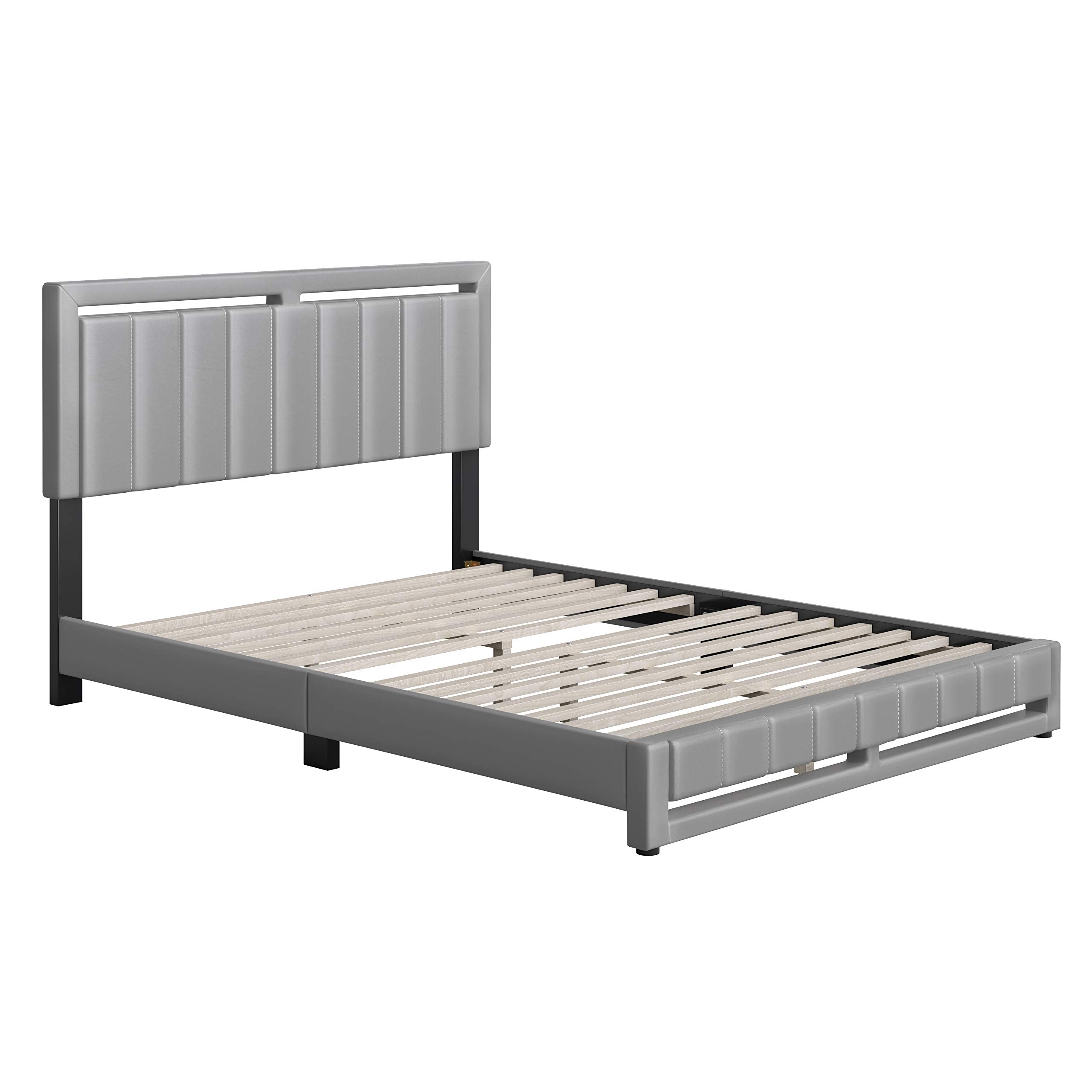 Boyd Sleep Beaumont Upholstered Platform Bed with Headboard, Mattress Foundation with Strong 14 Wood Slat Supports, No Box Spring Required, Gray Faux Leather, Size King,Grey