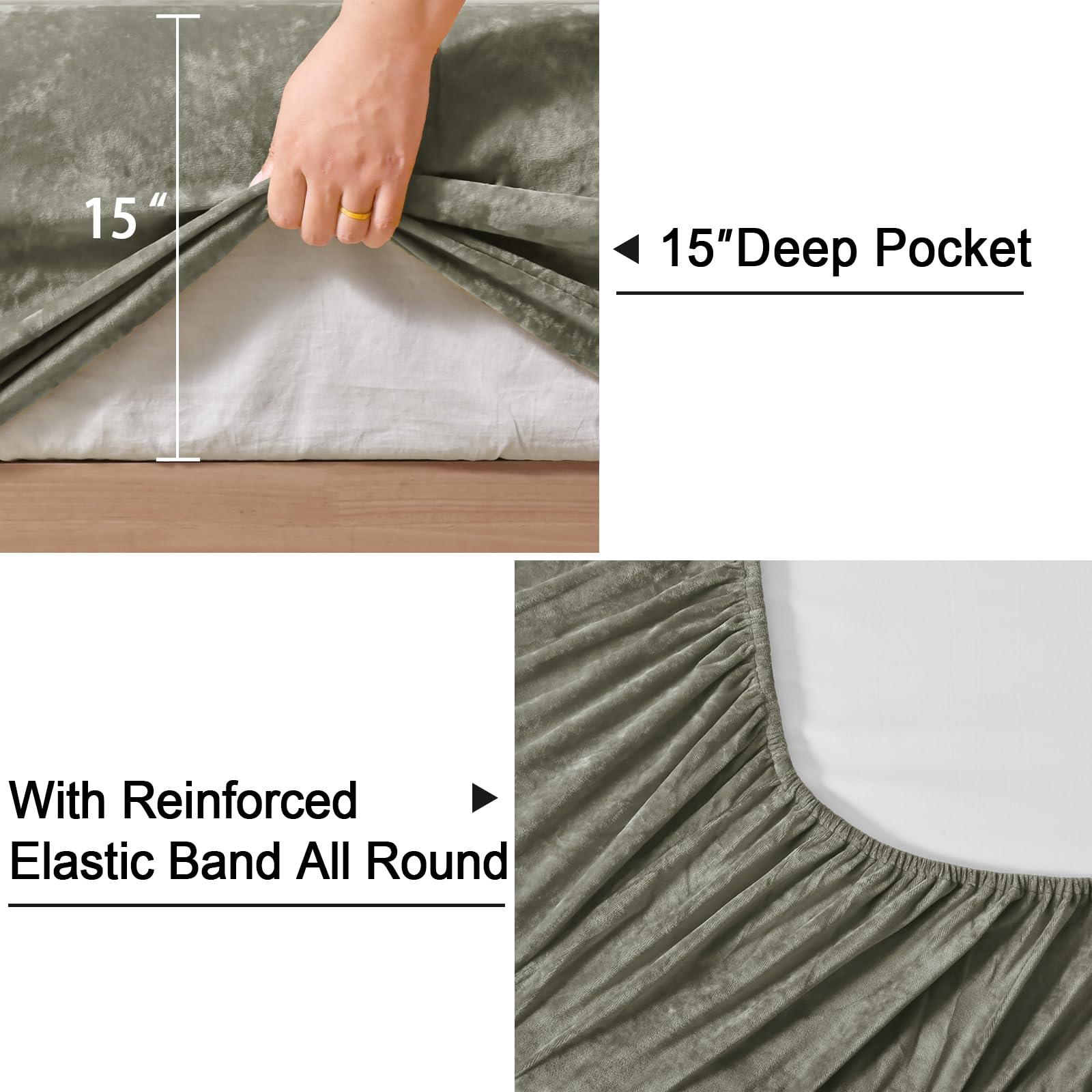 Phf Truly Velvet Fitted Sheet Only Queen Size, Luxury Super Soft Cozy Comfy Fleece Bottom With 15' Deep Pocket, Suitable For Fall Winter And Spring, No Pillowcases, Smokey Olive