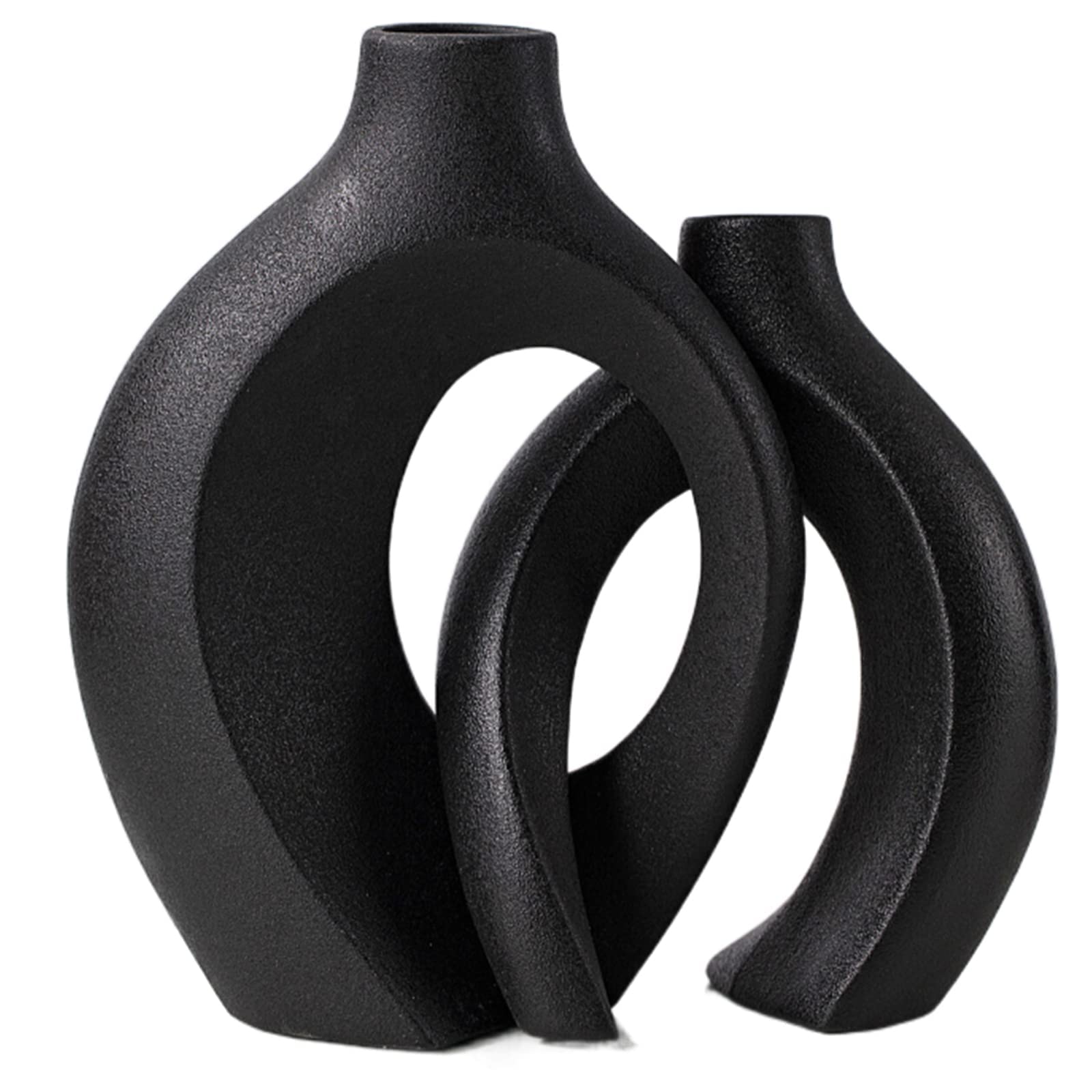 Levvohd Black Hollow Ceramic Vase Set of 2, Snuggle Round Boho Donut Modern Vase Nordic Minimalist Decorative Vase for Modern Tr