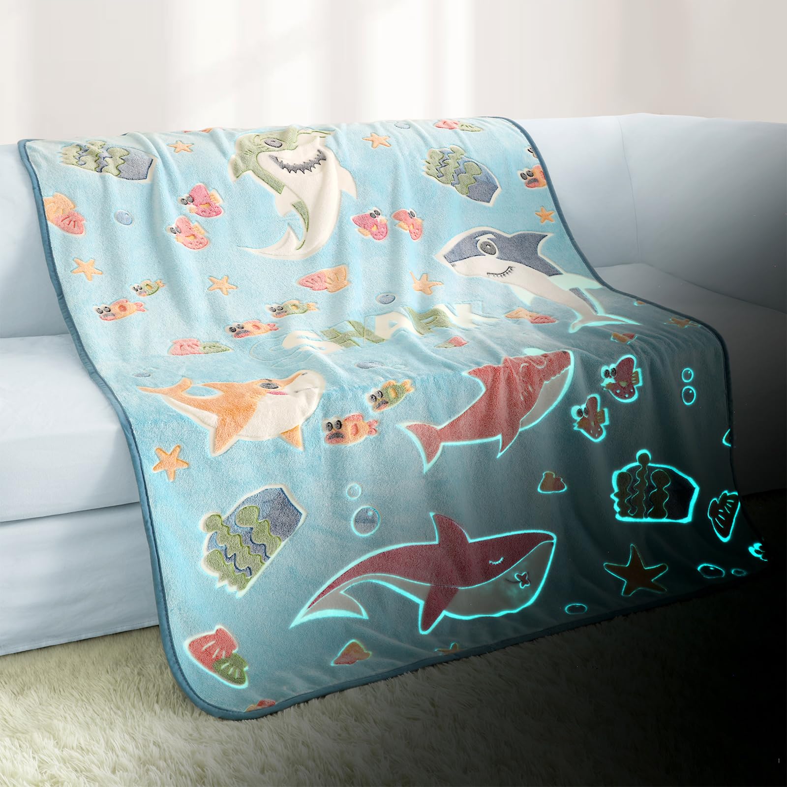 Glow In The Dark Shark Blanket,Gifts For Boys Girls 1 2 3 4 5 6 7 8 9 Year Old, Toddler Boys Girls Toys Age 6-8, Soft Blue Blank