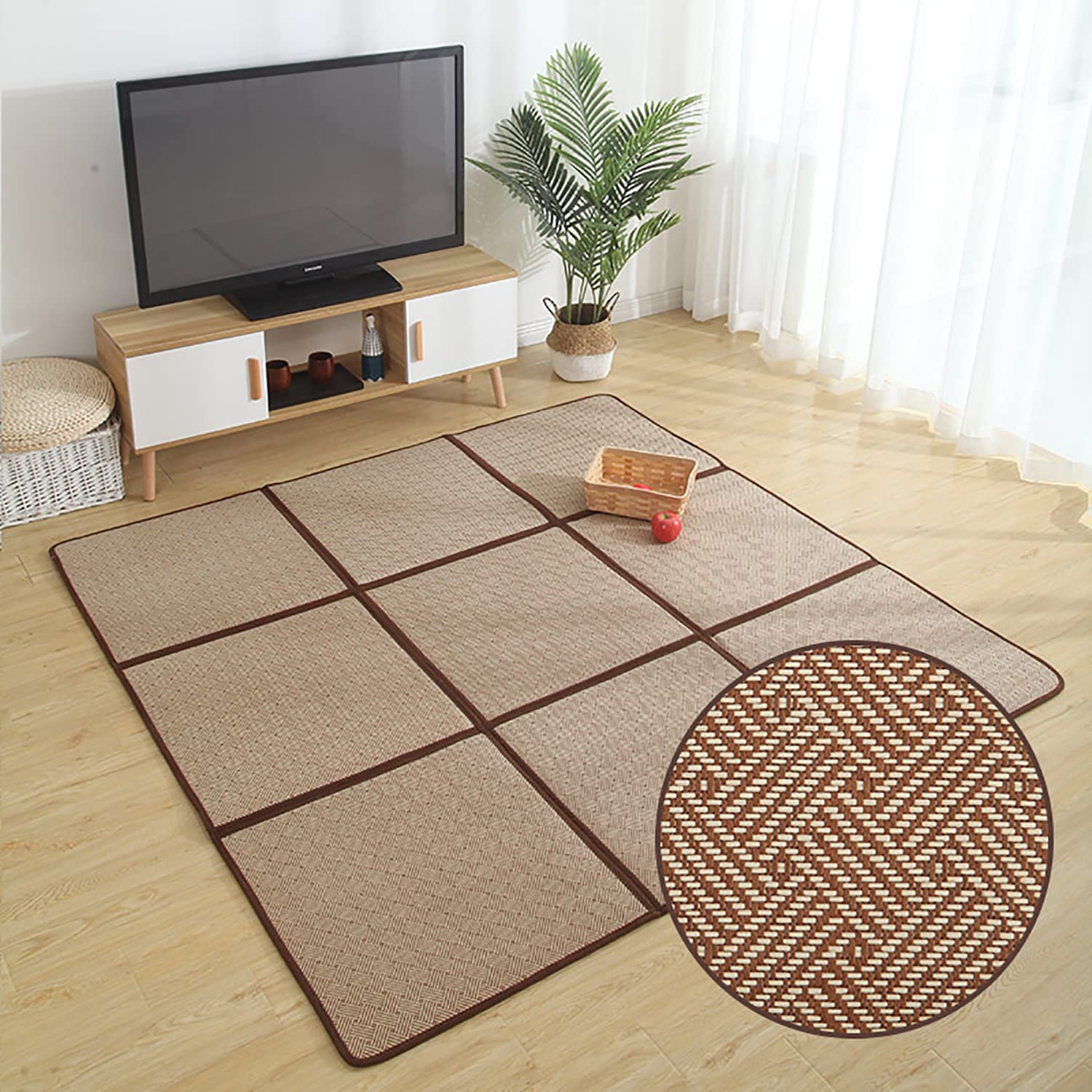 Myoyay Large Japanese Tatami Mat 71X 71In Summer Breathable Sleeping Mat Foldable Rattan Floor Mat Non-Slip Memory Foam Stitchin