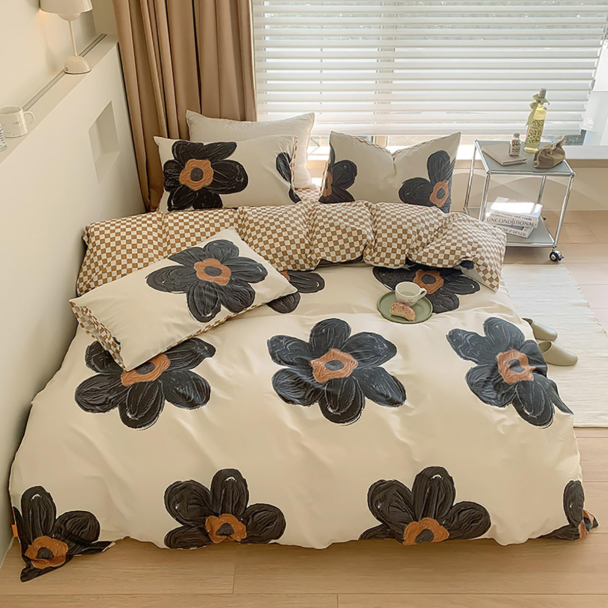 Luxlovery Boho Floral Comforter Set Queen Women Girls Black Sunflower Bedding Comforter Set Botanical Blanket Quilts Cute Beige