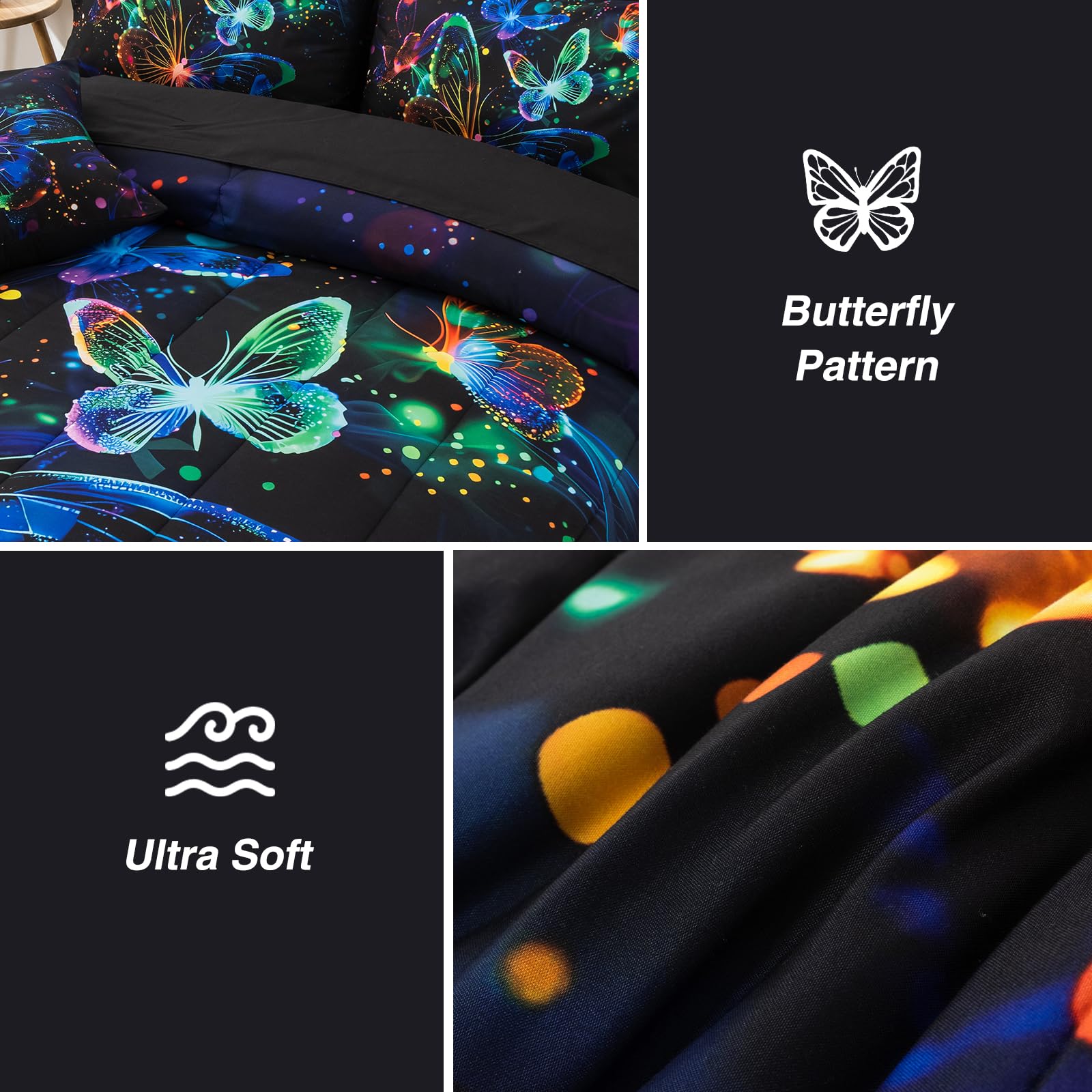 A Nice Night Galaxy Bedding Sets,3D Butterfly Flying In Space Printed,Glitter Butterflies 6Pcs Bed In A Bag Queen Comforter Set,