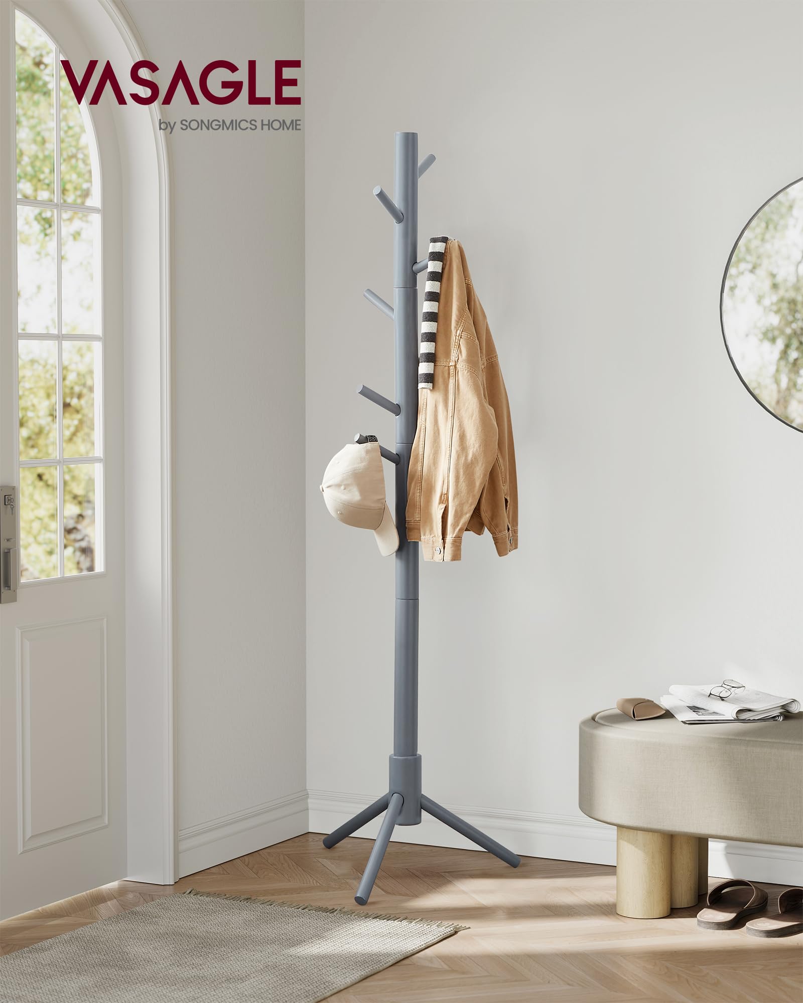 Vasagle Solid Wood Coat Rack, Free Standing Coat Rack, Tree-Shaped Coat Rack With 8 Hooks, 3 Height Options, For Clothes, Hats, Bags, For Living Room, Bedroom, Home Office, Grey Urcr04Gy