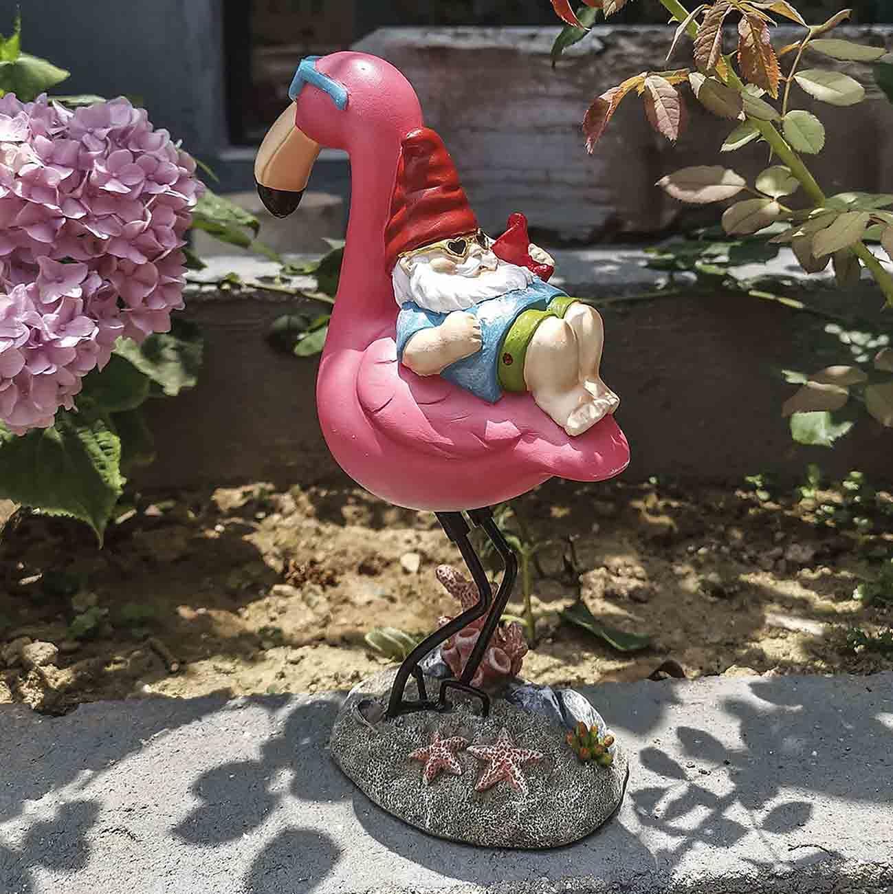 Jy.Cozy Gnome Garden Statue Funny Gnome Reclining On Flamingo Figurines, Resin Garden Gnomes Fall Decorations Outdoor For Patio