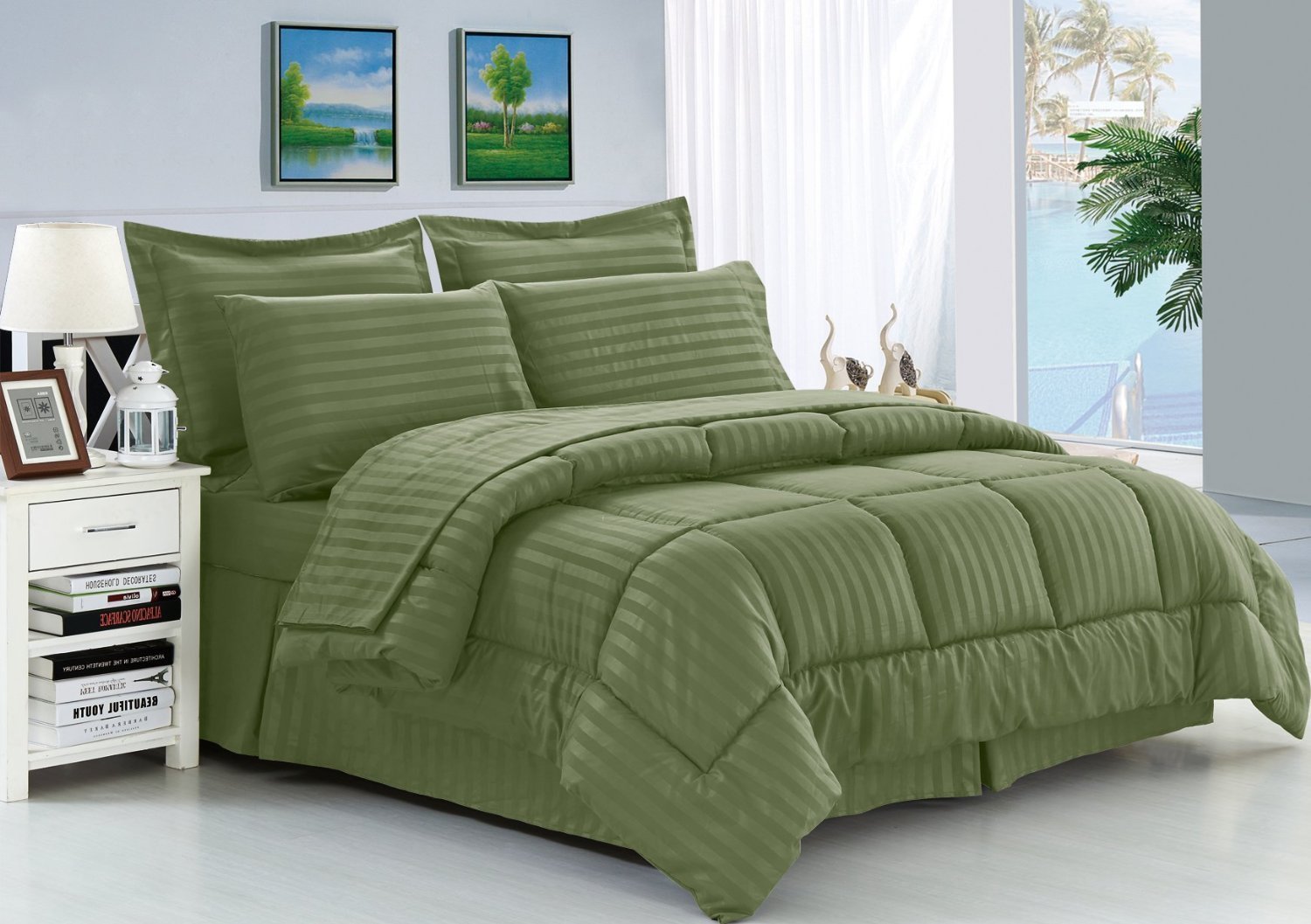 Elegant Comfort Wrinkle Resistant - Silky Soft Dobby Stripe Bed-In-A-Bag 8-Piece Comforter Set - King Sage