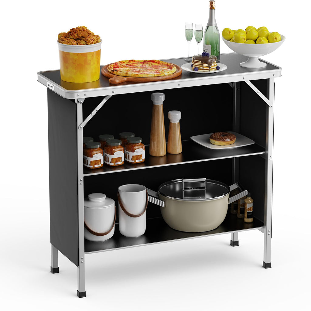 Vingli Camping Table, Aluminum Portable Bar Table 39''L X 34''H, 2-Tier Storage Shelves, Removable Oxford Cloth, Carrying Bag, Lightweight Folding Table For Events, Outdoor, Party, Picnic