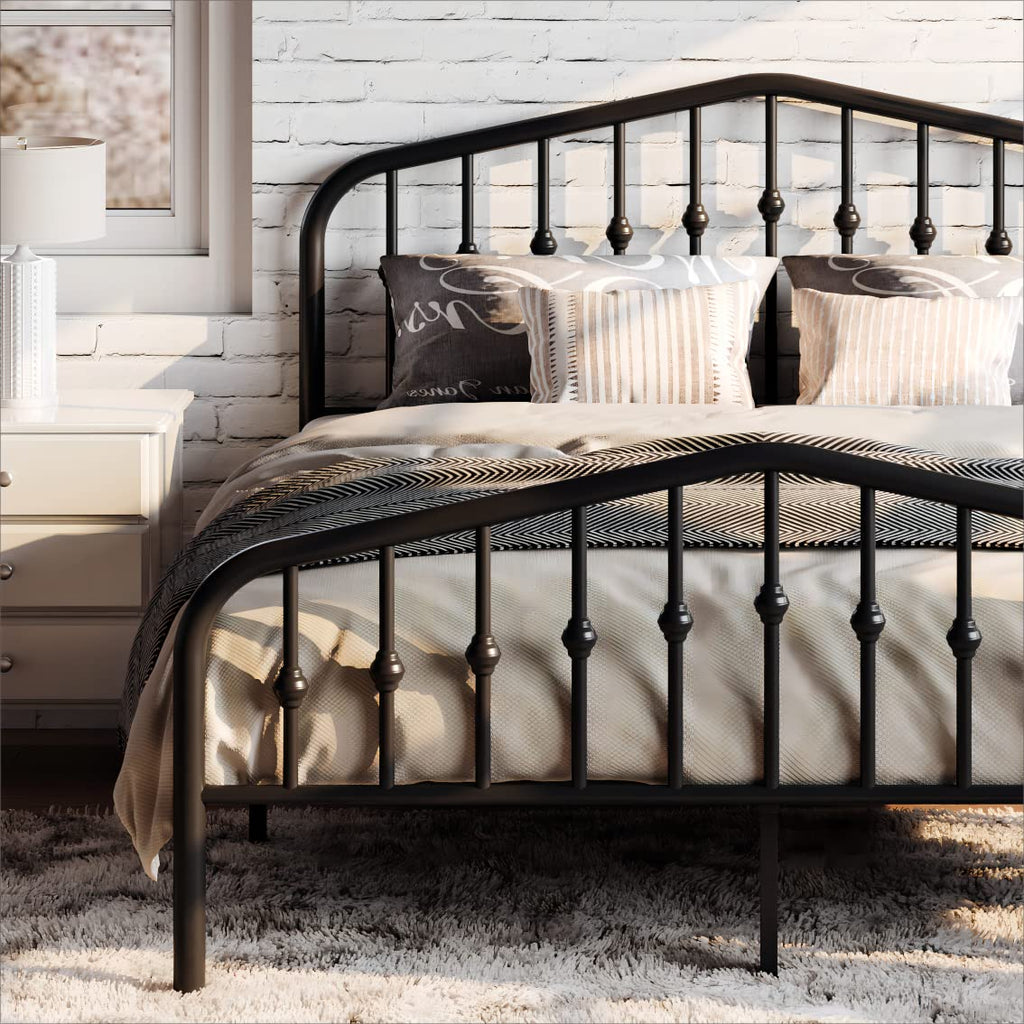 Sha Cerlin Queen Size Metal Platform Bed Frame With Victorian Style Wrought Iron-Art Headboard/Footboard, No Box Spring Required, Black