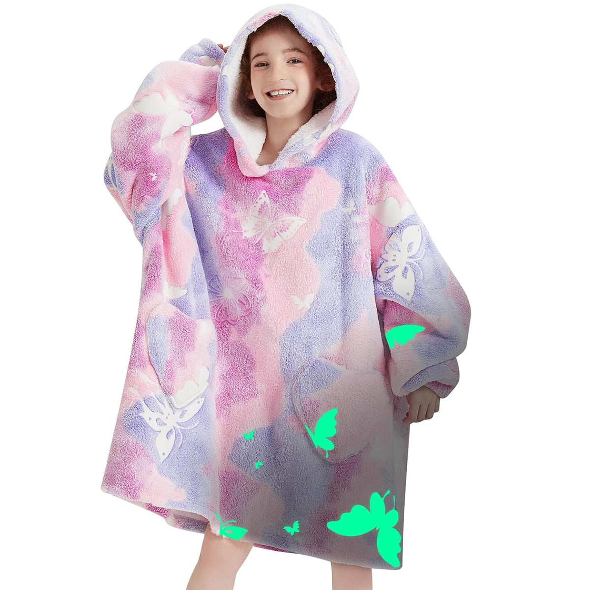 Wearable Blanket Hoodie For Kids Oversized Sherpa Blanket Hoodie For Kids Boys Girls Teens 6-13Yr,Glow In The Dark Butterfly