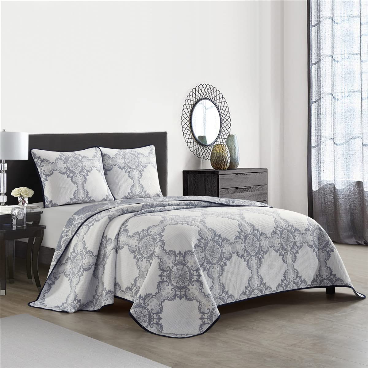 Stratford Park Beige Navy 3 Piece Quilt Set, Bed Size King, Microfiber Double Pinsonic Quilting, Bedspread Sets For All Season