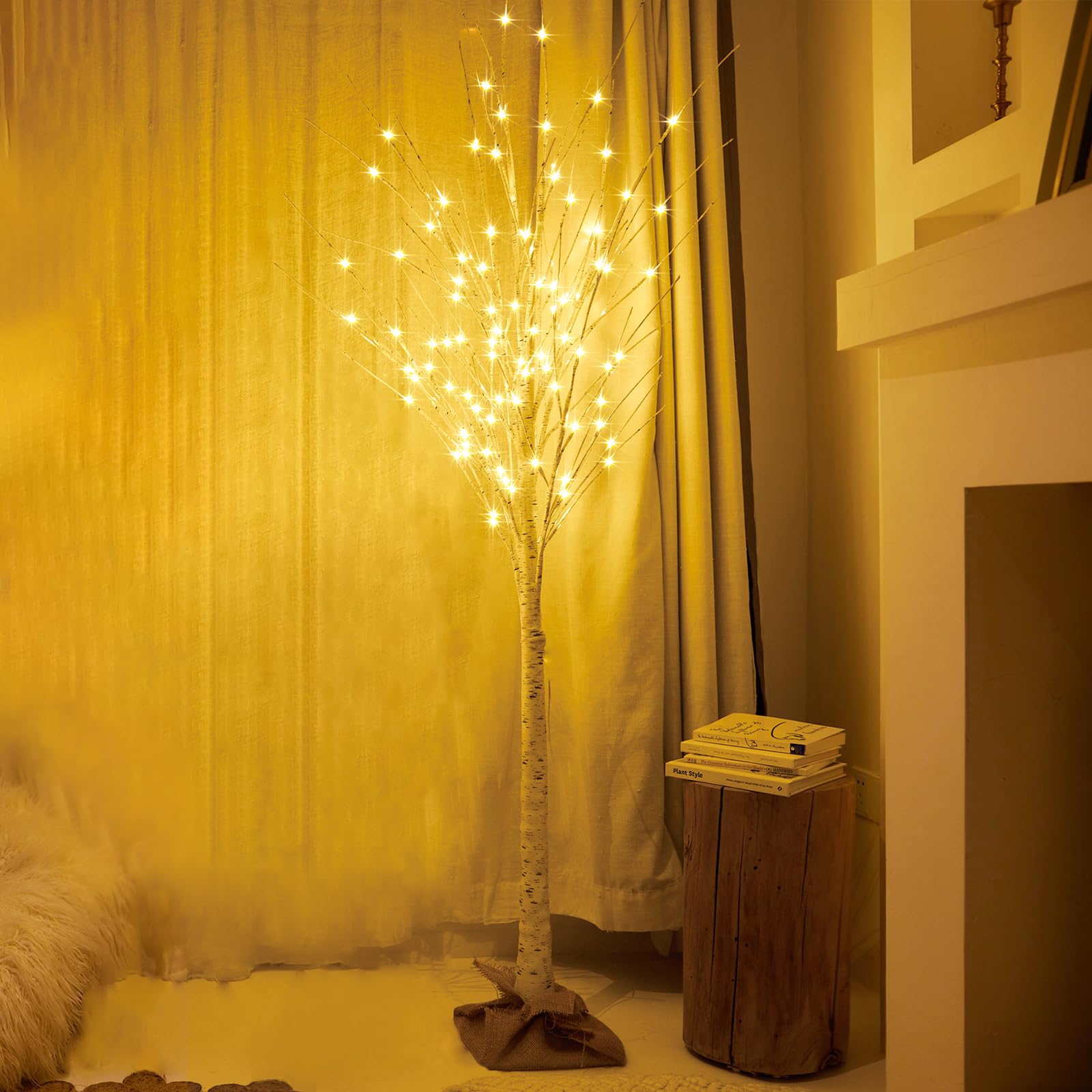 HOLILLUMA Lighted Brich Tree, 6FT 128 LED Christmas Tree with Burlap Decor, Warm White, IP44 Waterproof, Power Supply by Adaptor