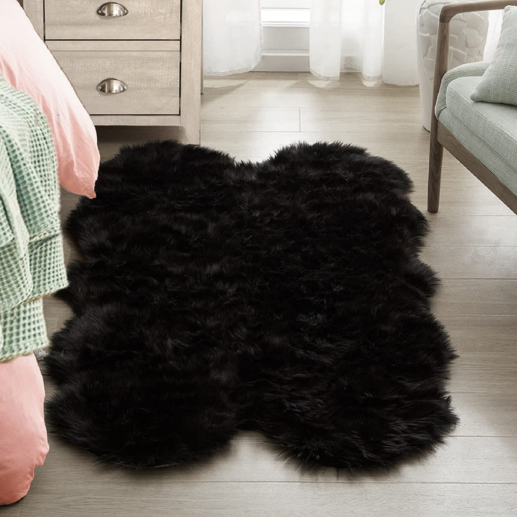 Orinova Black Shag Faux Fur 4X6 Area Rugs For Bedroom Washable Fuzzy Sheepskin Fur Rug For Living Room Nursery Rug