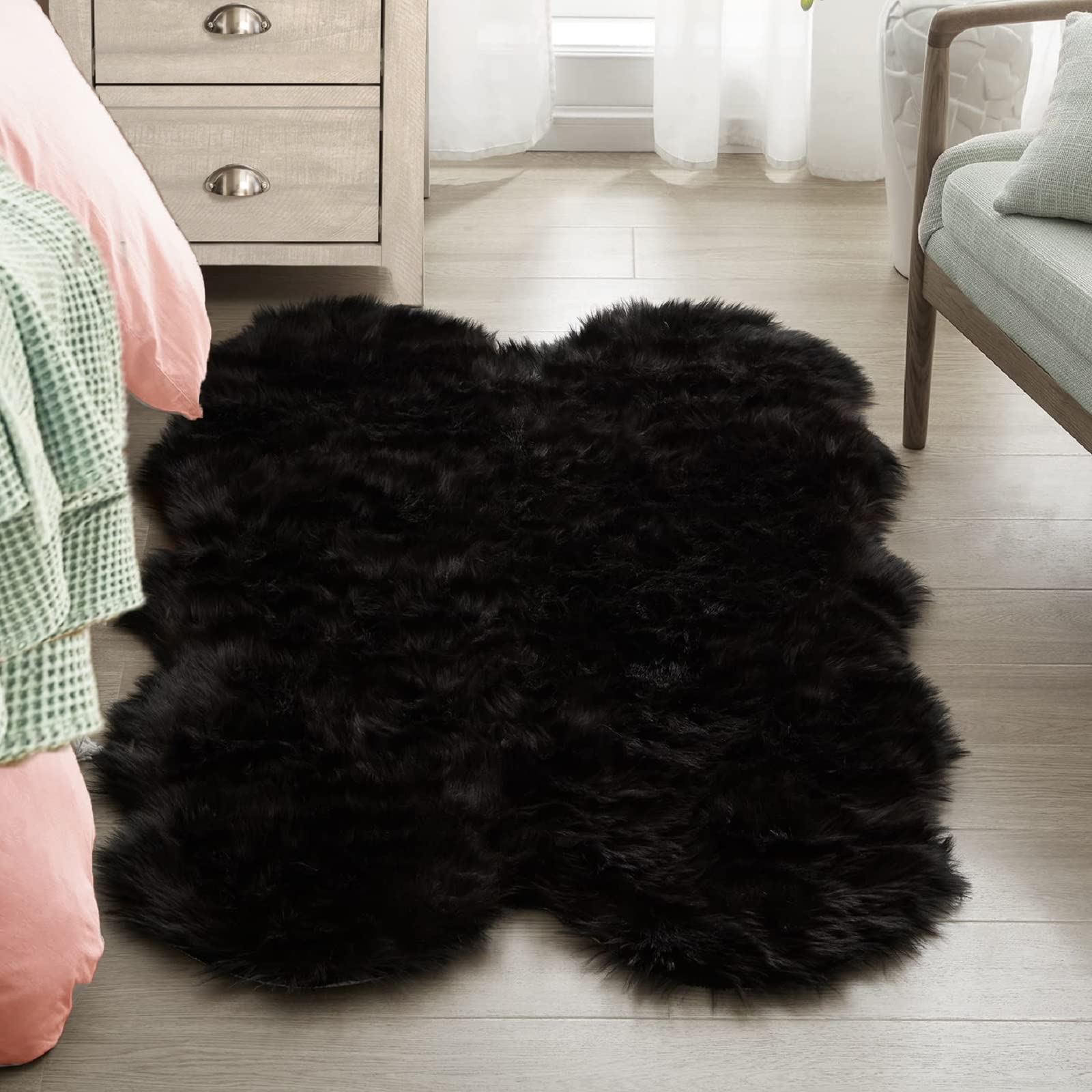 Orinova Black Shag Faux Fur 4X6 Area Rugs For Bedroom Washable Fuzzy Sheepskin Fur Rug For Living Room Nursery Rug