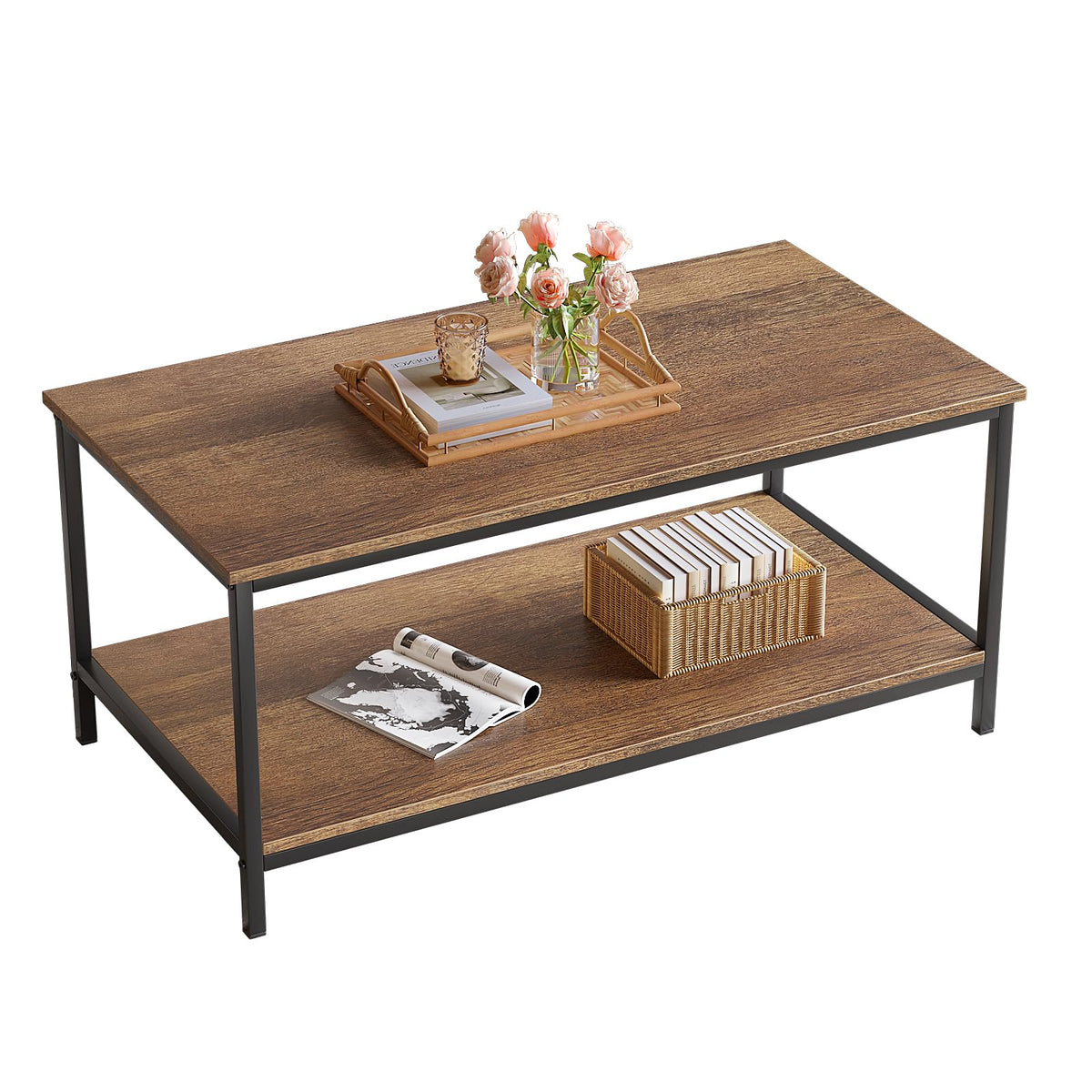 Saygoer Coffee Table With Storage 2-Tier Industrial Center Table For Living Room, Rectangle Wood Table For Small Spaces Apartment Home Office, Walnut