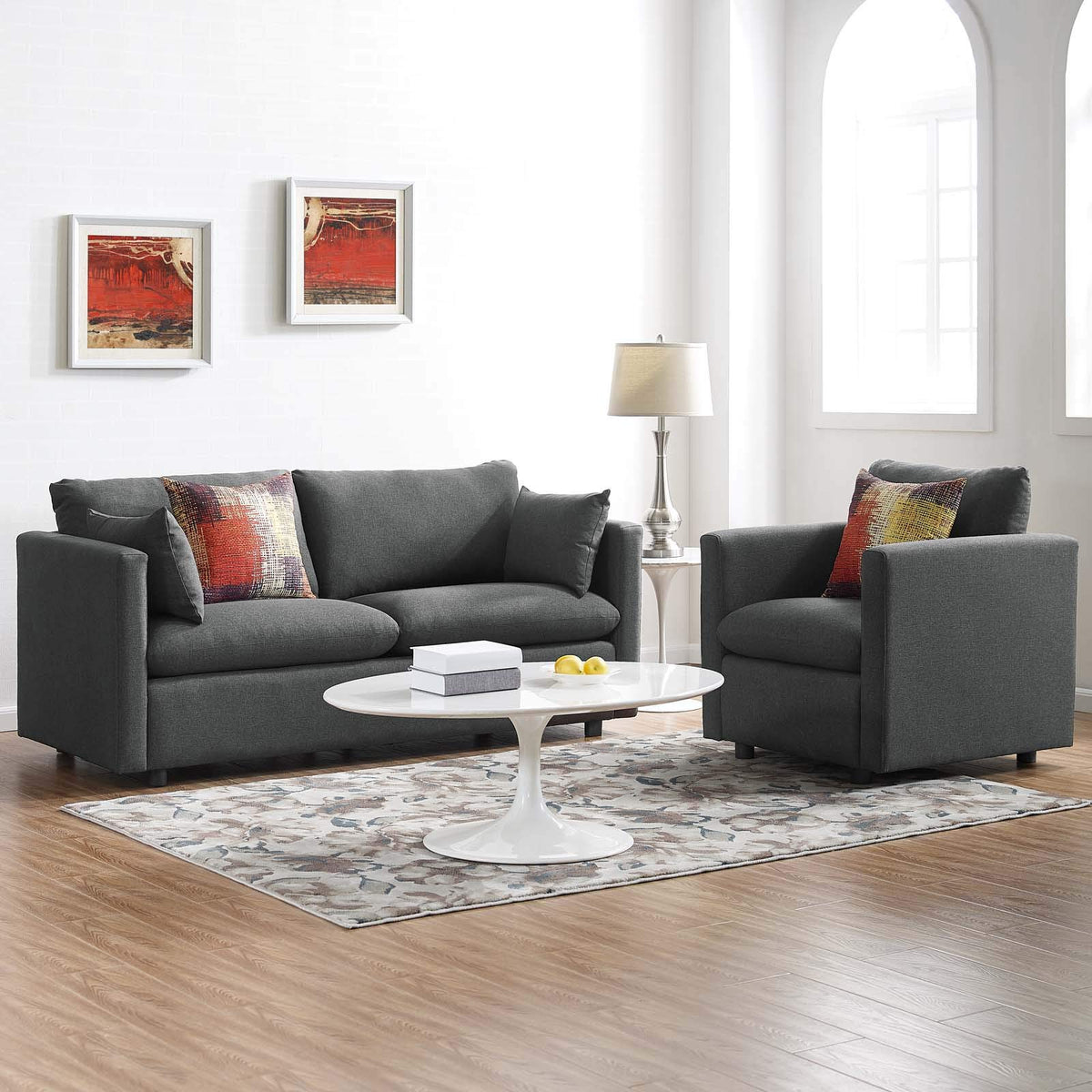 Modway Activate Upholstered Fabric Sofa And Armchair Set, Gray