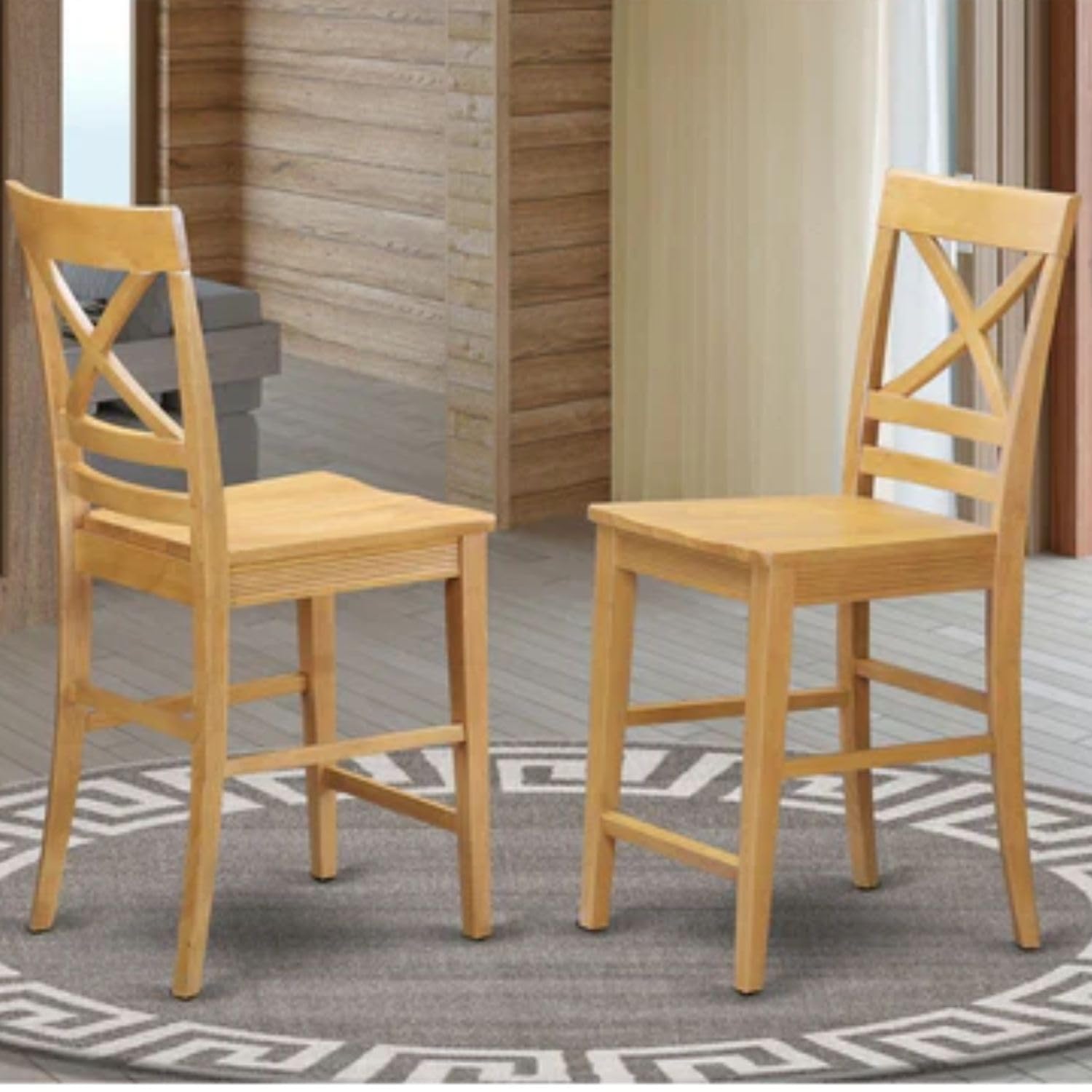 East West Furniture QUS-OAK-W Quincy Counter-Height Bar Stool - Pub Height Wooden Chairs, Set of 2, Oak
