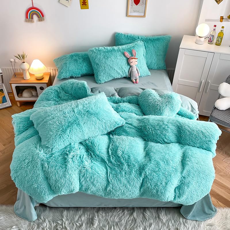 chovy Faux Fur Plush Sky Blue Comforter Sets King - Ultra Soft Shaggy Flannel Velvet Fluffy Fuzzy 3PC Bedding Set (Comforter x 1