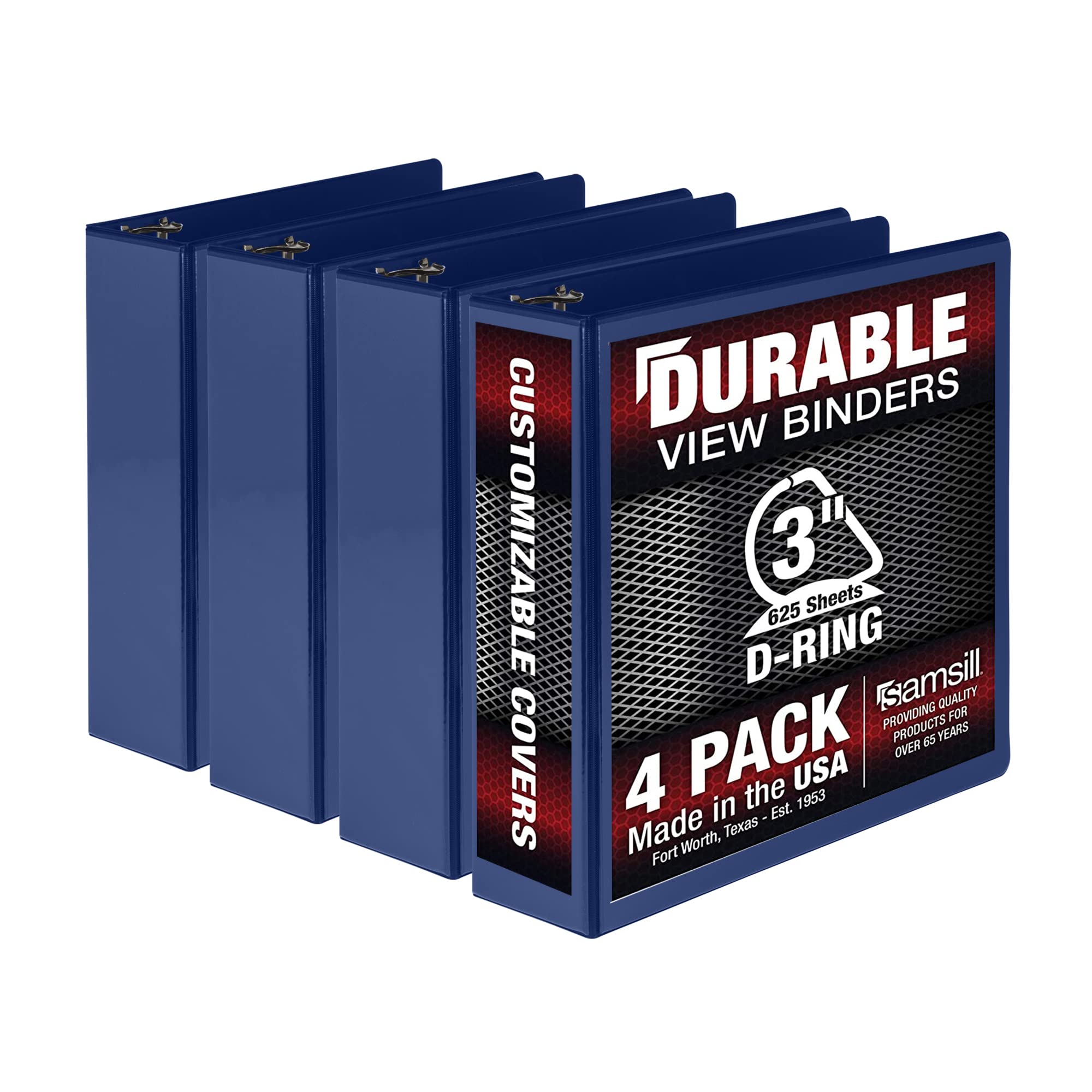 Samsill Durable 3 Inch Binder, Made In The Usa, D Ring Binder, Customizable Clear View Binder, Blue, 4 Pack, Each Holds 625 Page