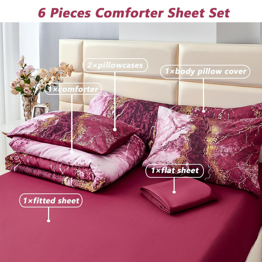 Perfemet 6 Pcs Full Comforter Sets Burgundy Watercolor Marble Bed In A Bag Comforter Set Soft Lightweight Dark Red And Gold Bedd