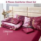 Perfemet 6 Pcs Full Comforter Sets Burgundy Watercolor Marble Bed In A Bag Comforter Set Soft Lightweight Dark Red And Gold Bedd