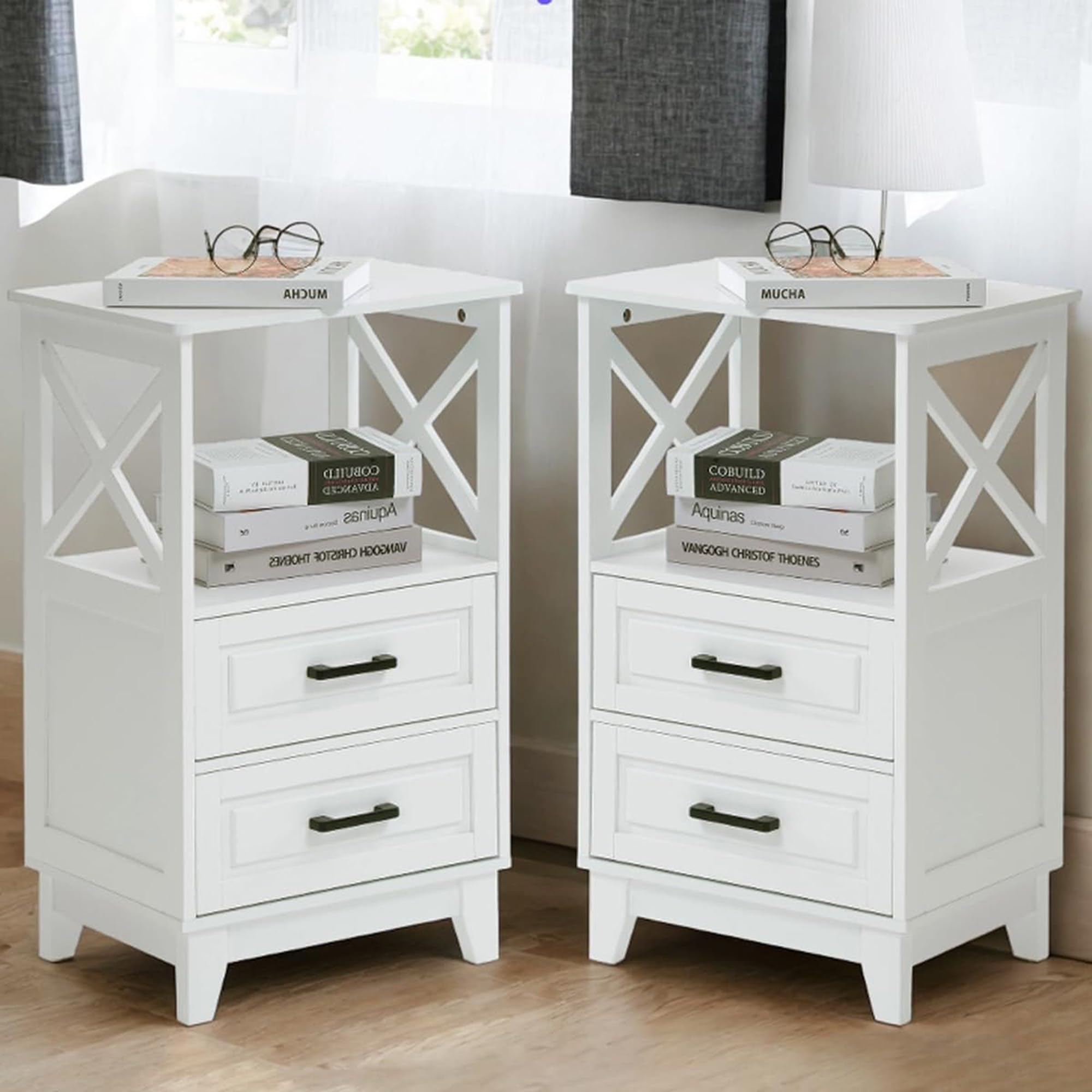 Fansafurn Tall Nightstand Wooden Rustic Bedside End Table for Bedroom, Living Room, 13 D x 18 W x 28 H(Set of 2), White