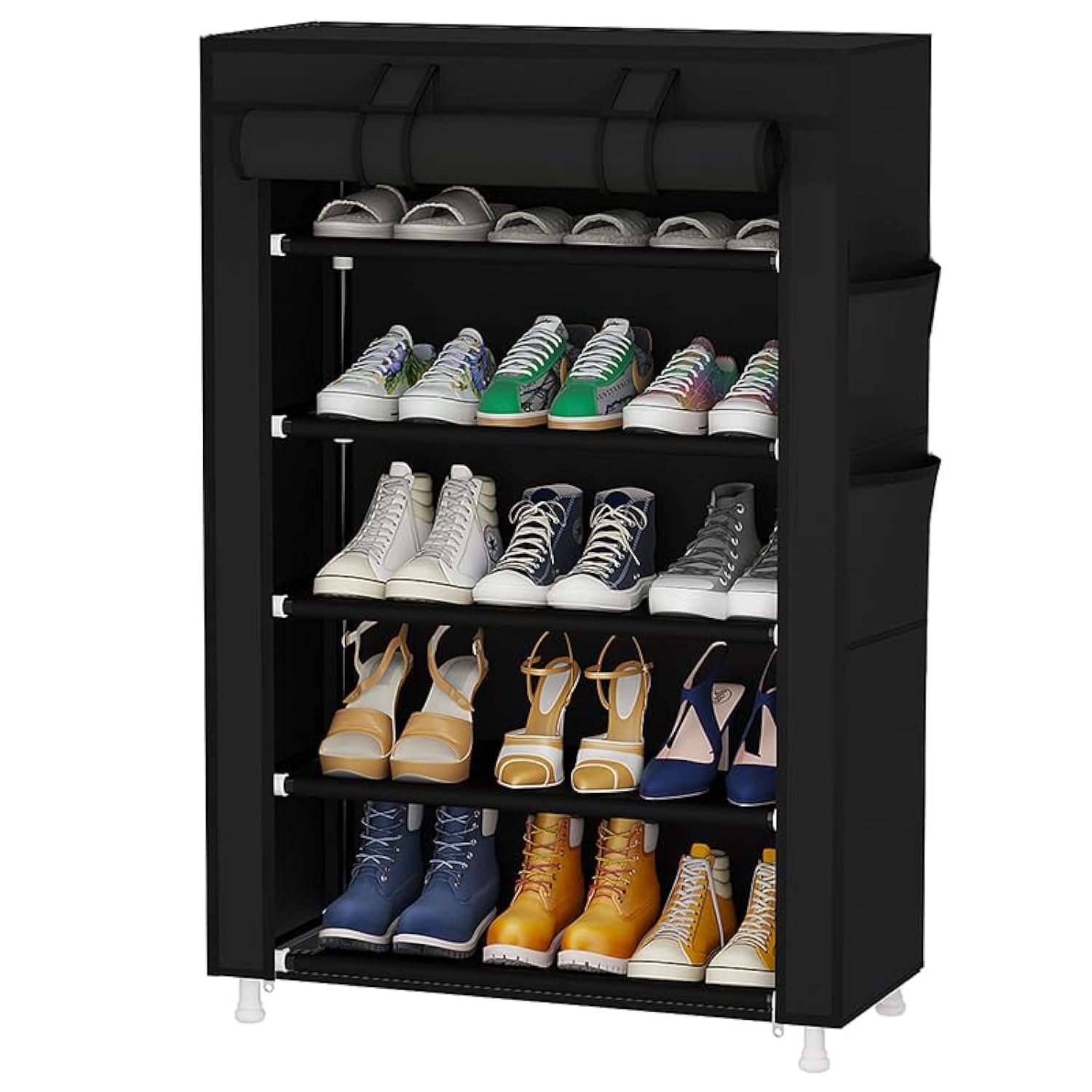 Calmootey 5 Tier Shoe Rack Organizer,Portable Shoe Shelf With Nonwoven Fabric Cover For Closet Hallway,Bedroom,Entryway,Black
