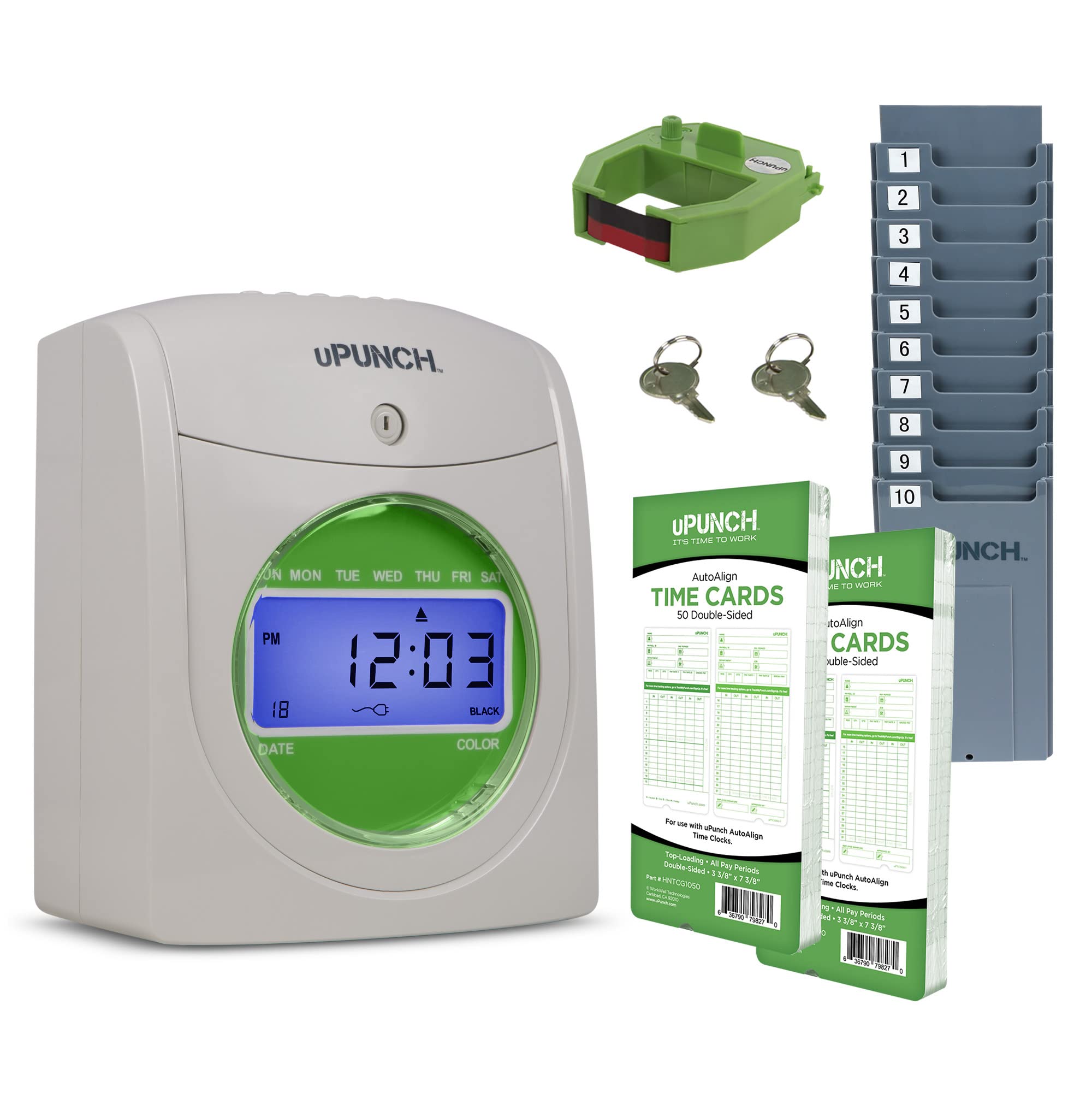 Upunch Starter Time Clock Bundle With 100-Cards, 1 Time Card Rack, 1 Ribbon & 2 Keys (Hn1500)