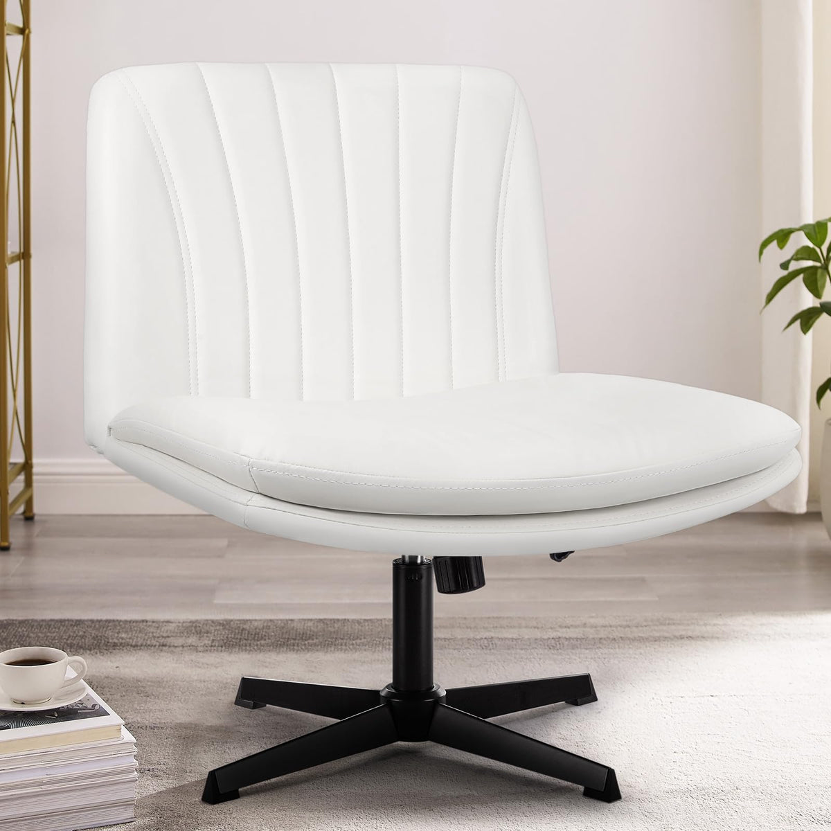 Pukami Criss Cross Legged Office Desk Chair No Wheels,Pu Leather Modern Swivel Height Adjustable Wide Seat Mid Back Computer Task Vanity Chair For Home Office